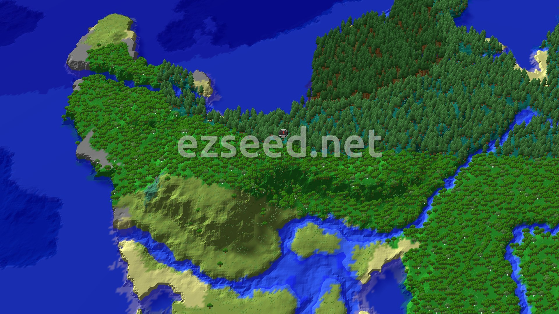 An aerial view of a dense taiga forest surrounding a small spawn point, with a large ocean to the west and rivers cutting through the land.