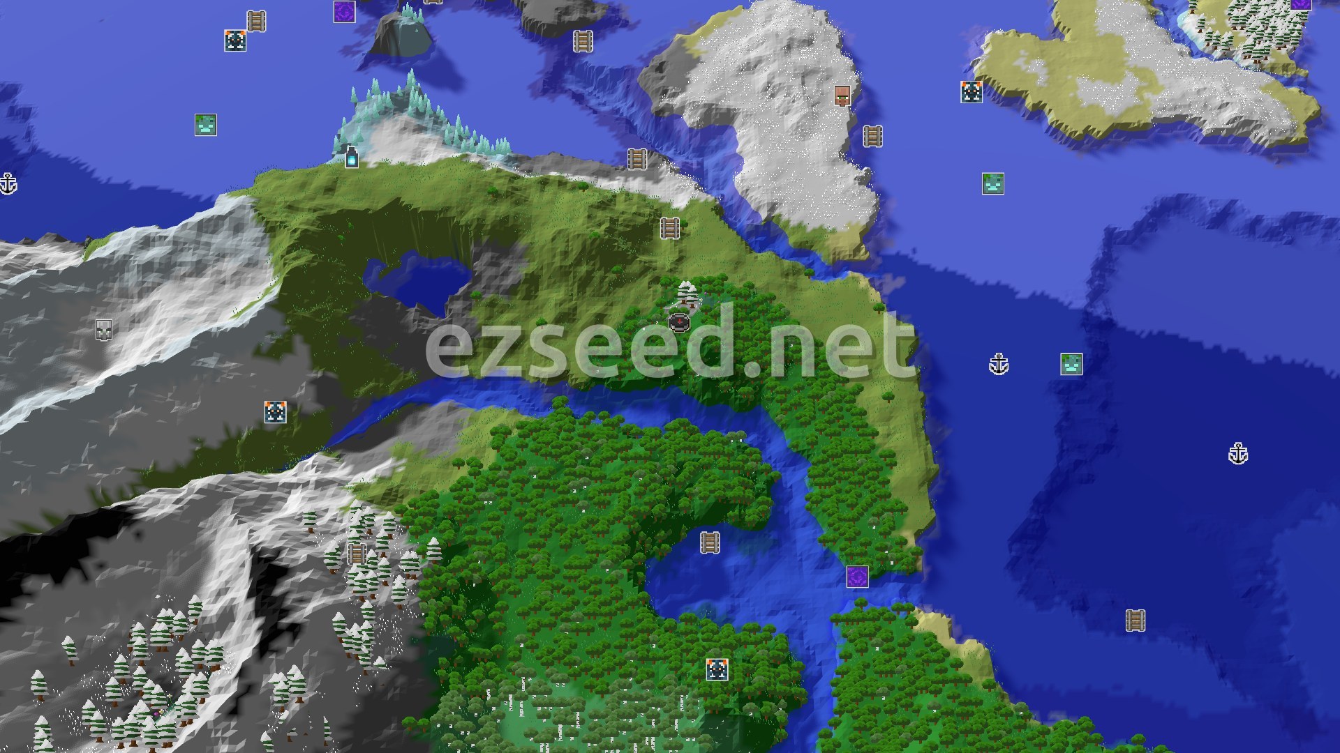 Aerial Minecraft seed map — A Mountainous Start with Nearby Trial Chambers