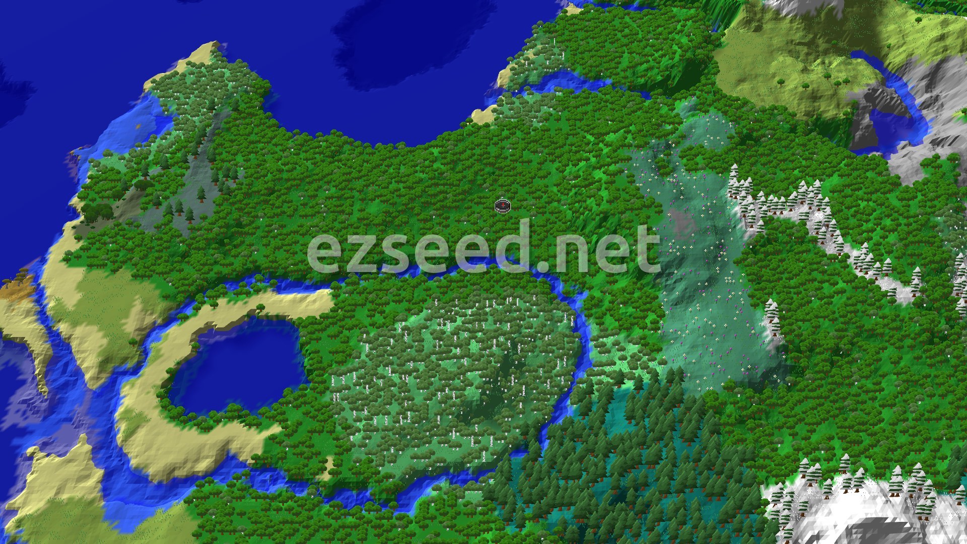 Aerial Minecraft seed map — Forest Spawn with Nearby Cold Peaks and Ancient City