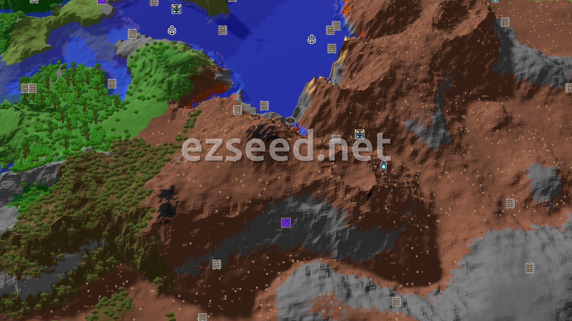 Aerial Minecraft seed map — Dramatic Badlands Hills and Trial Chambers Near Spawn