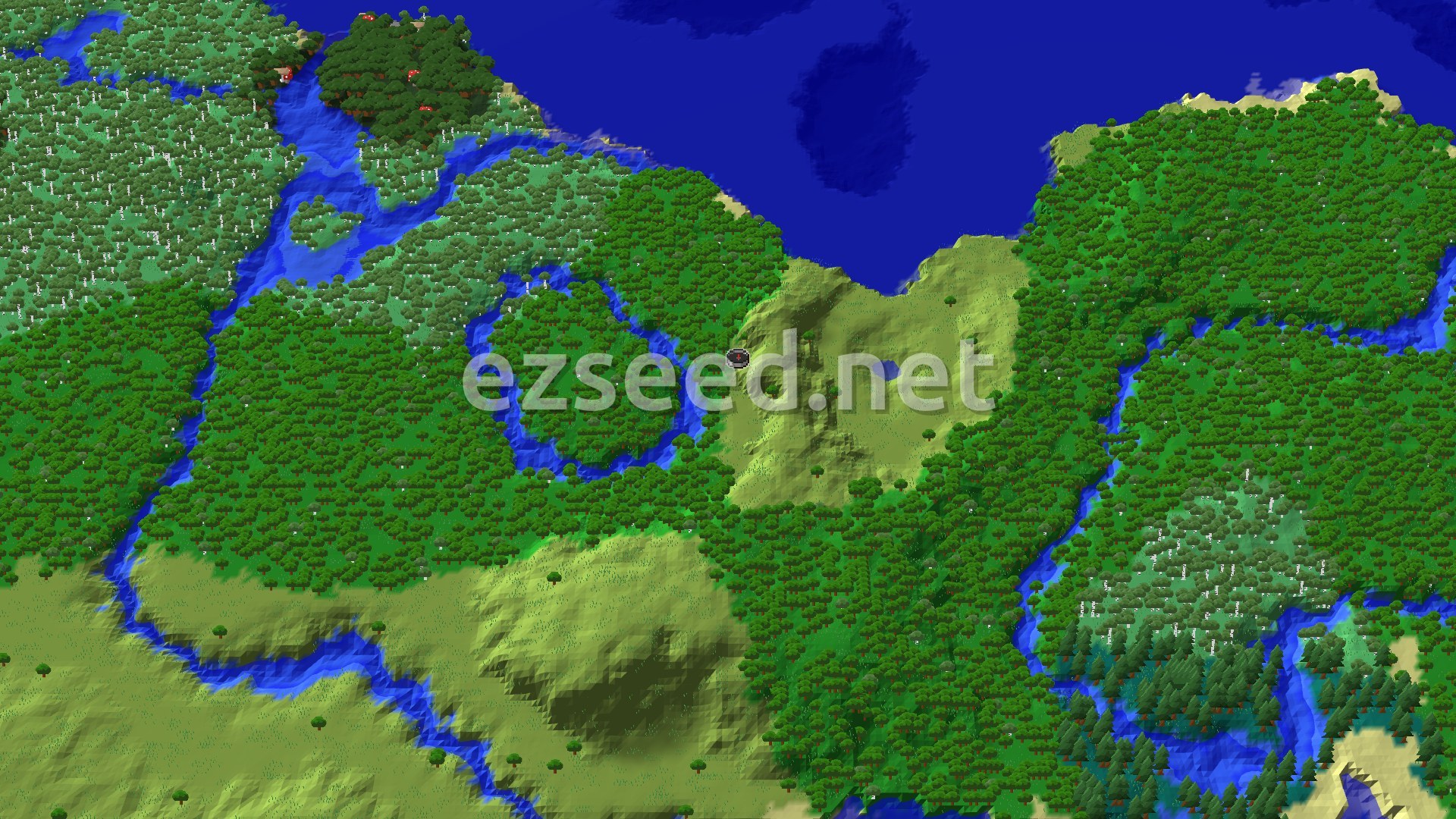 Aerial Minecraft seed map — Plains Spawn with a Nearby Village and Trial Chambers
