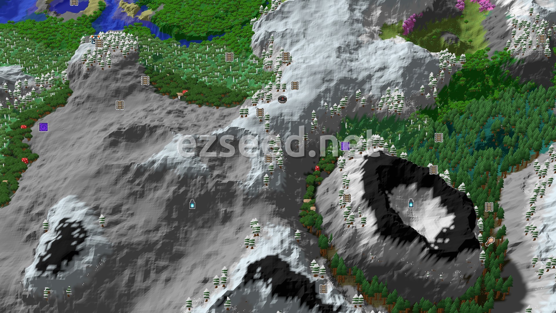 Aerial Minecraft seed map — Spawn in Frozen Peaks, near a Dark Forest and Grove