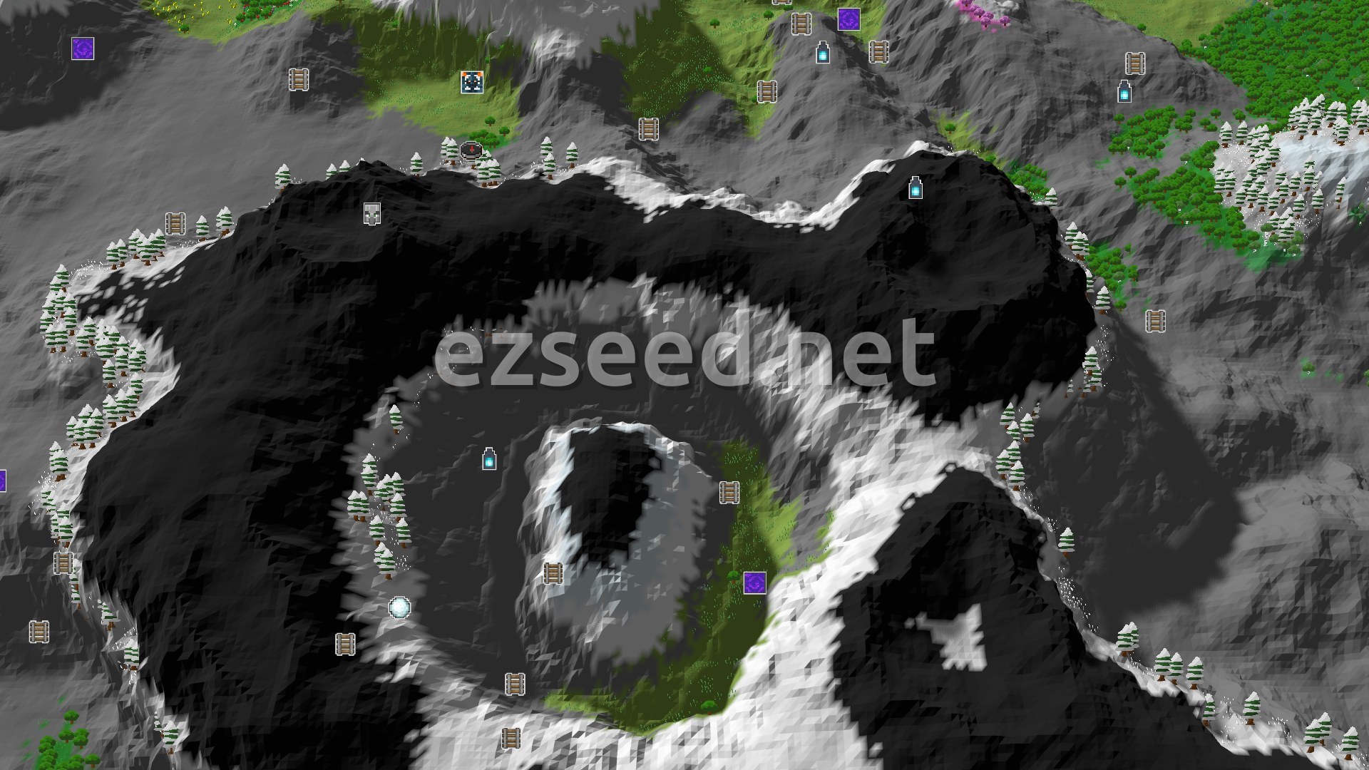Aerial Minecraft seed map — A Mountainous Start with a Close Trial Chambers