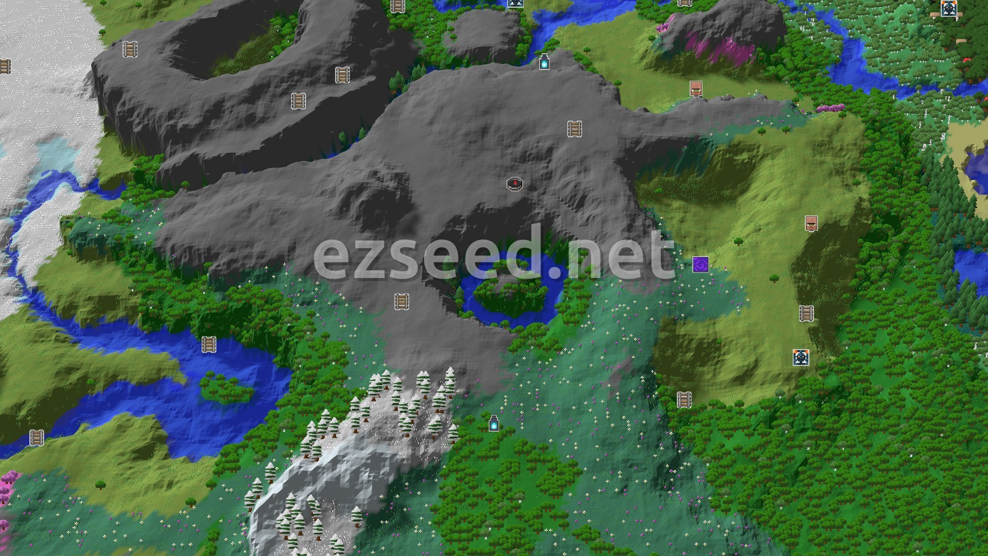 Aerial Minecraft seed map — A Lush Forest Start with an Ancient City Nearby