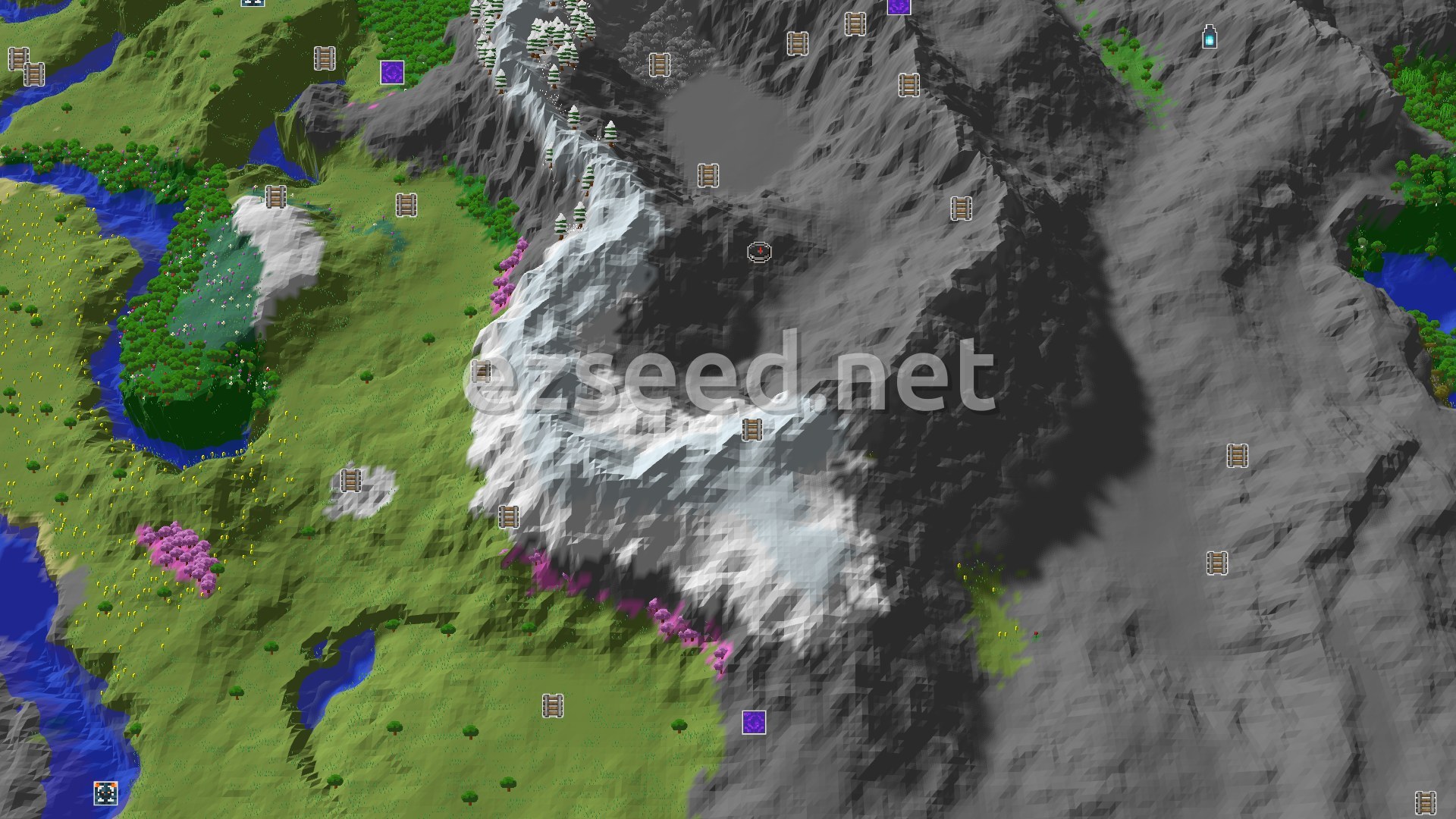 Aerial Minecraft seed map — Spawn in Savanna Plateau with Mountains and Cherry Blossoms Nearby