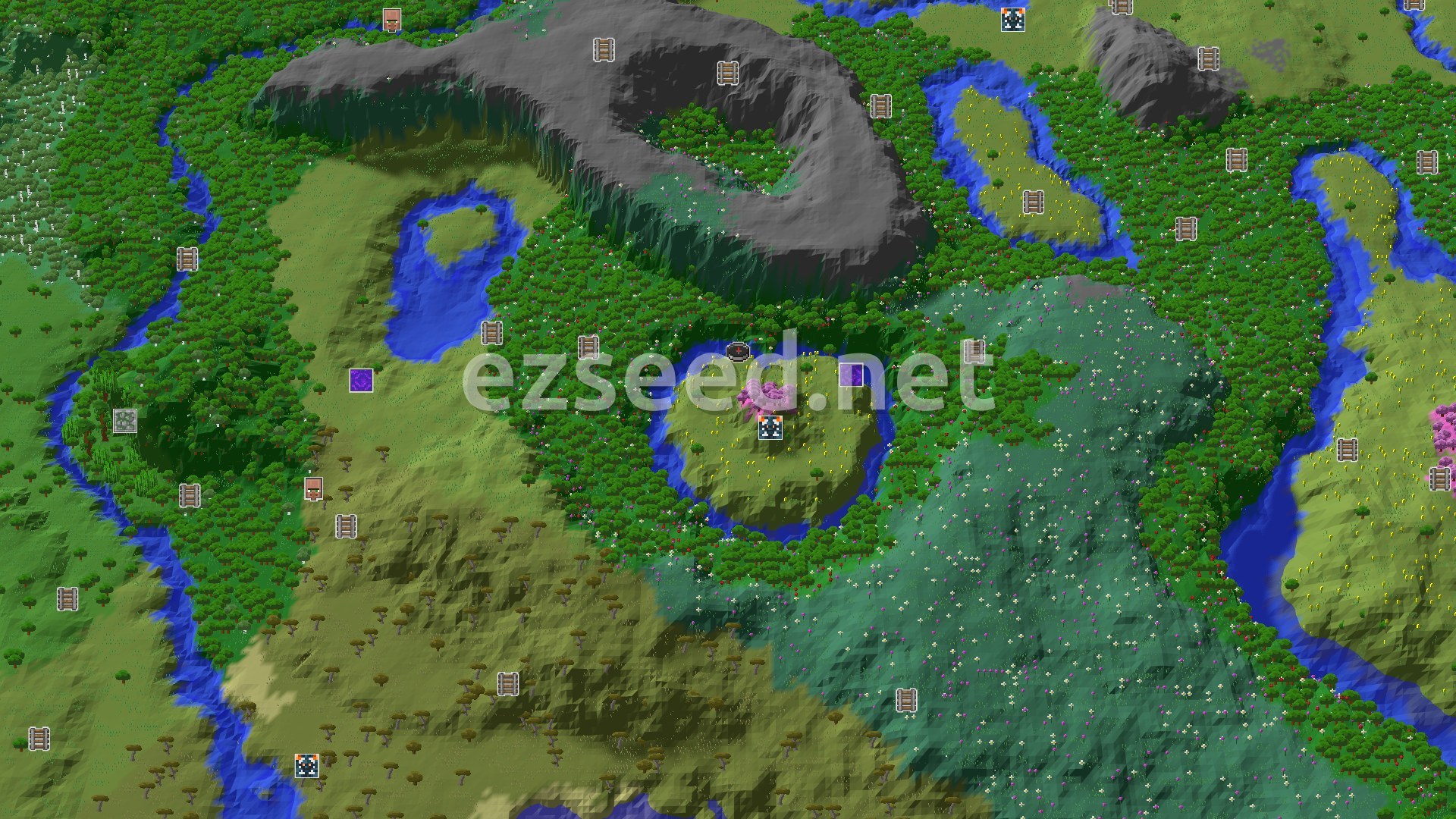 Aerial Minecraft seed map — Spawn in a Sunflower Plains, Cherry Grove nearby