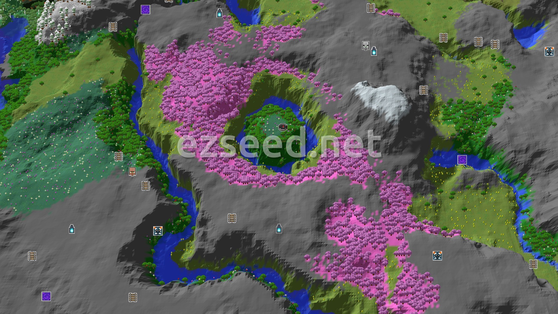 Aerial Minecraft seed map — A Cherry Grove Island Hidden by Mountains