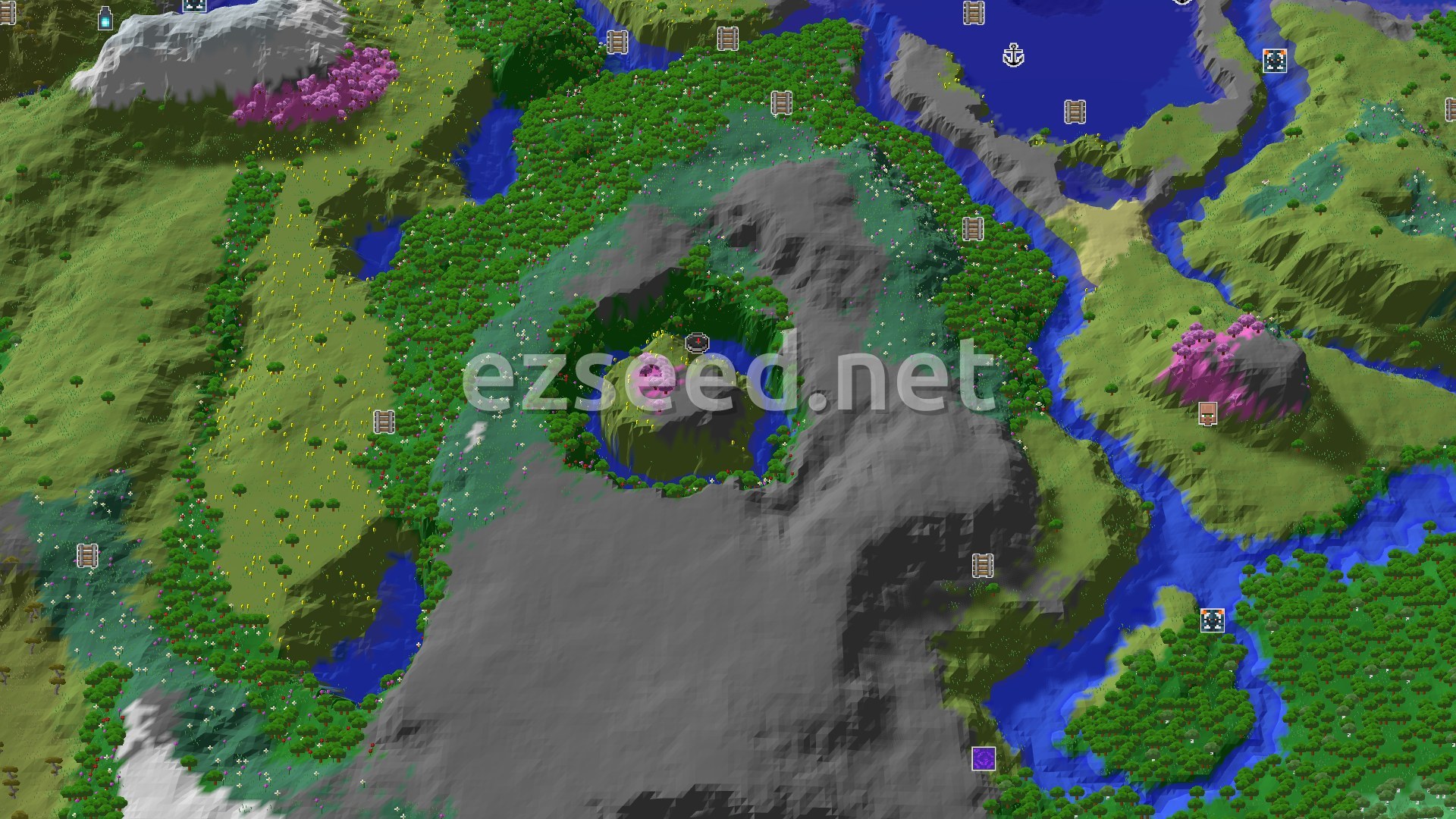 Aerial Minecraft seed map — A Sunflower Plains Start With Nearby Cherry Grove