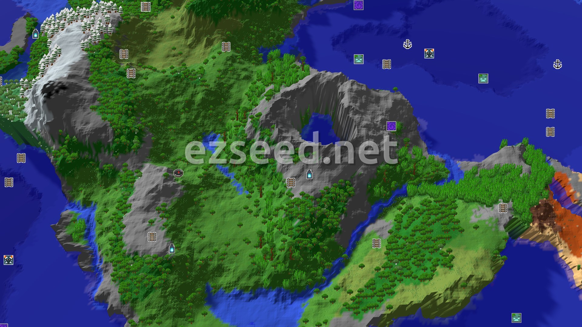 Aerial Minecraft seed map — Sparse Jungle Spawn with Nearby Ancient City