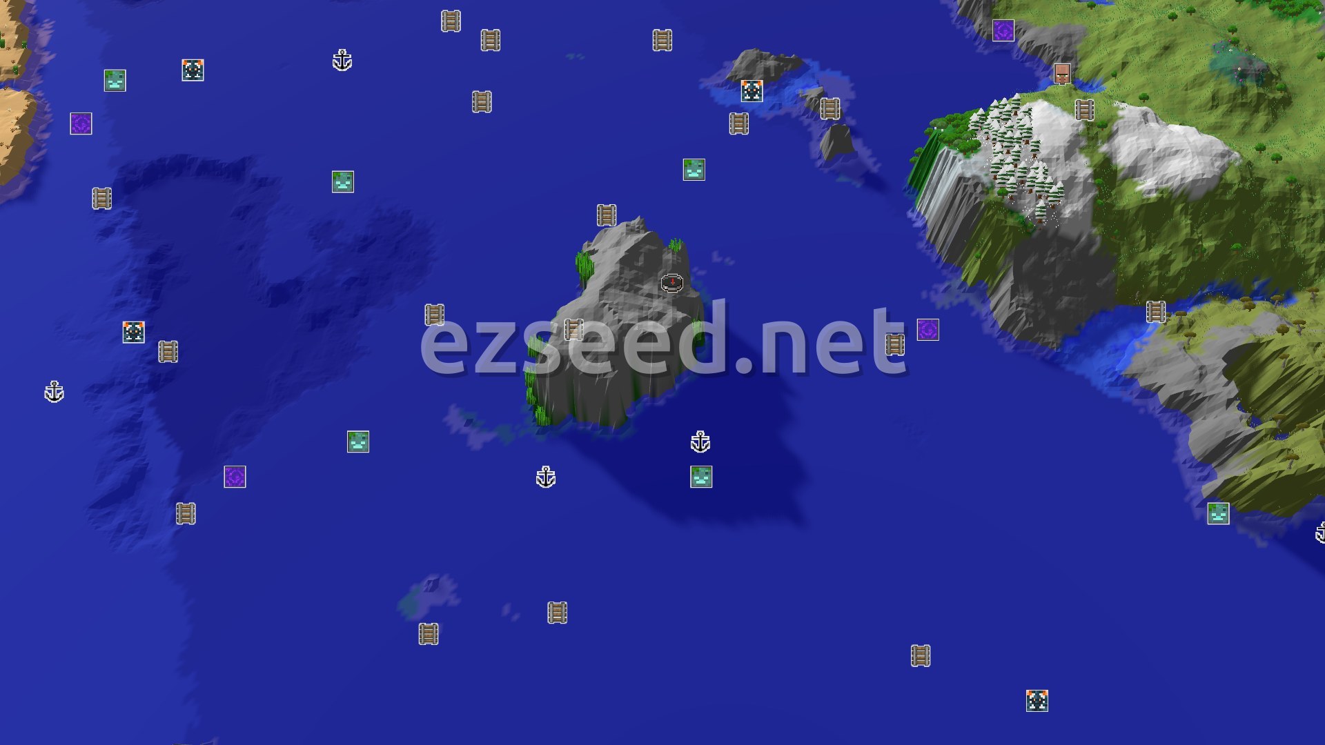 Aerial Minecraft seed map — Jungle Spawn, Ocean Views, and Distant Peaks