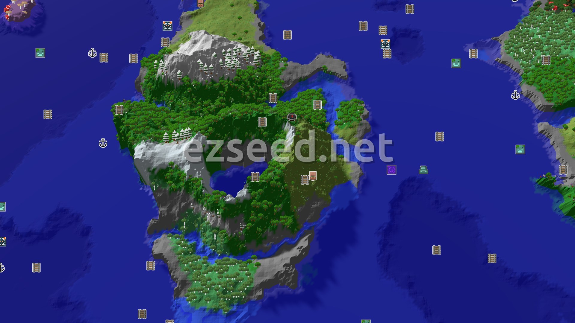 Aerial Minecraft seed map — Frozen Peaks Spawn with Nearby Village and Ocean Monument