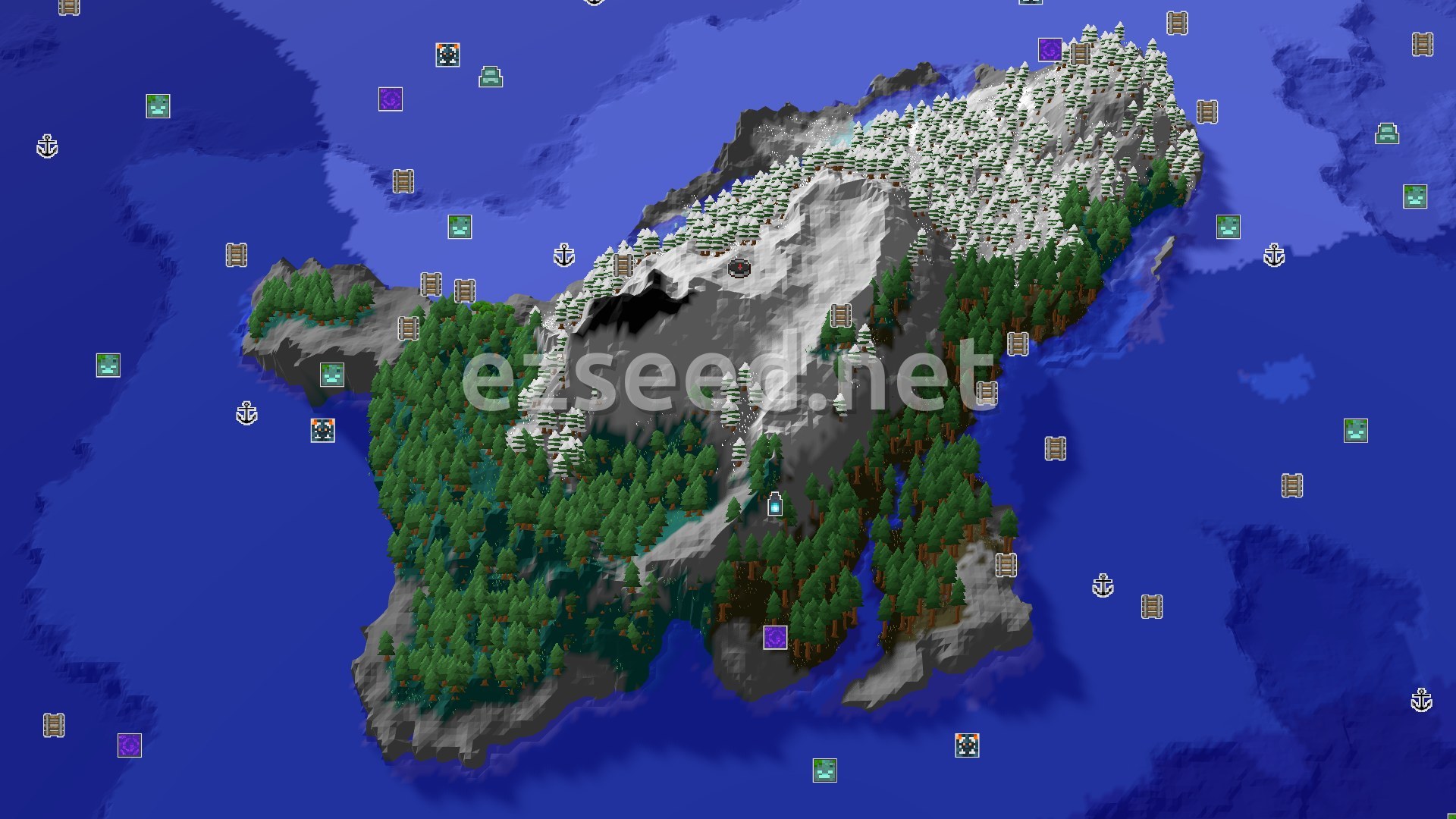 Aerial Minecraft seed map — A Frozen Ocean Seed with a Nearby Ancient City