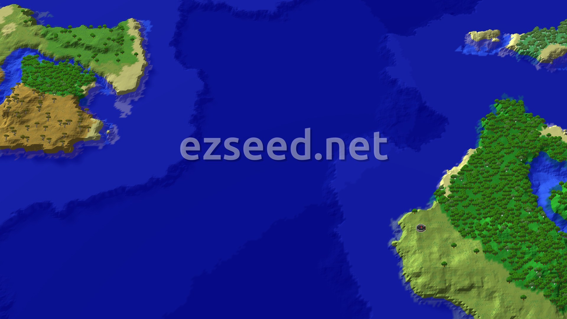 An aerial view of an ocean dotted with islands. The spawn marker sits on a green, forested landmass near a coast.