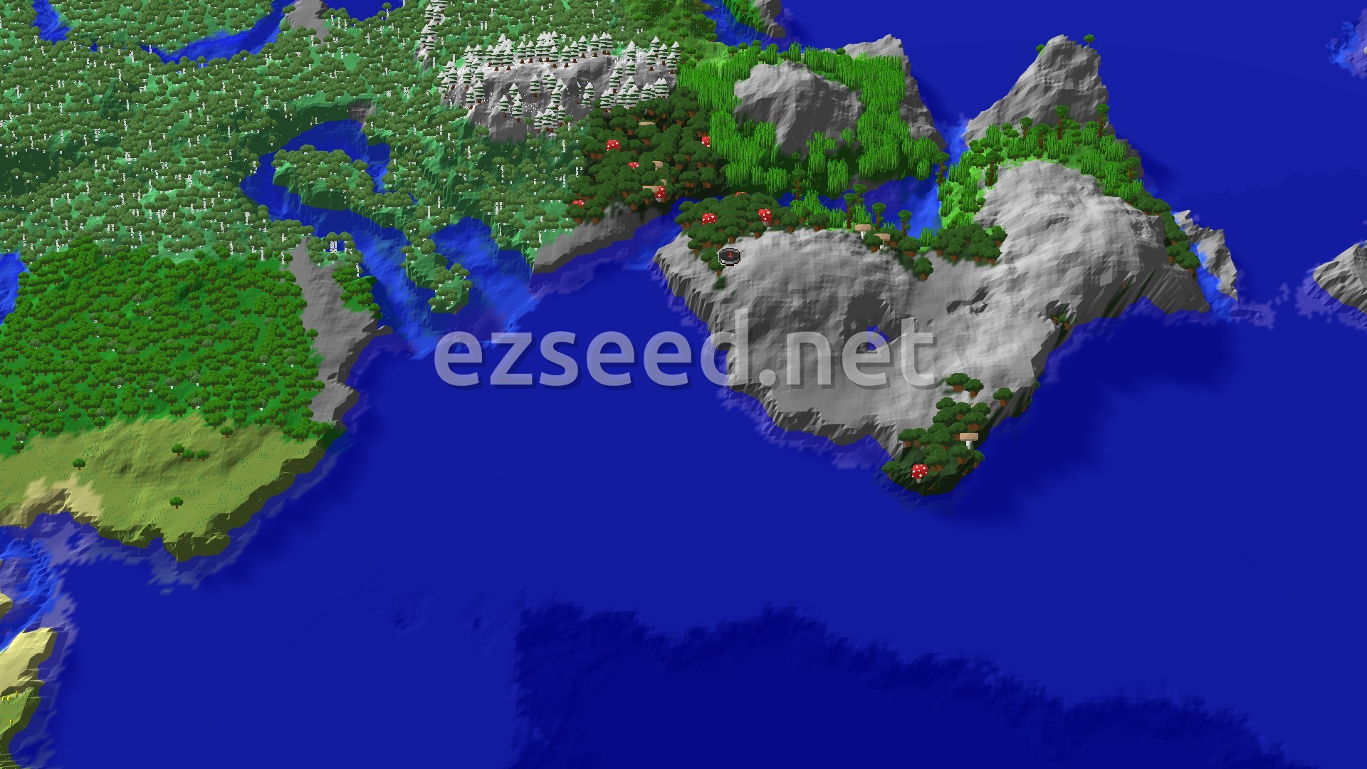 Aerial Minecraft seed map — Spawn in a Dark Forest with Jungles and Oceans