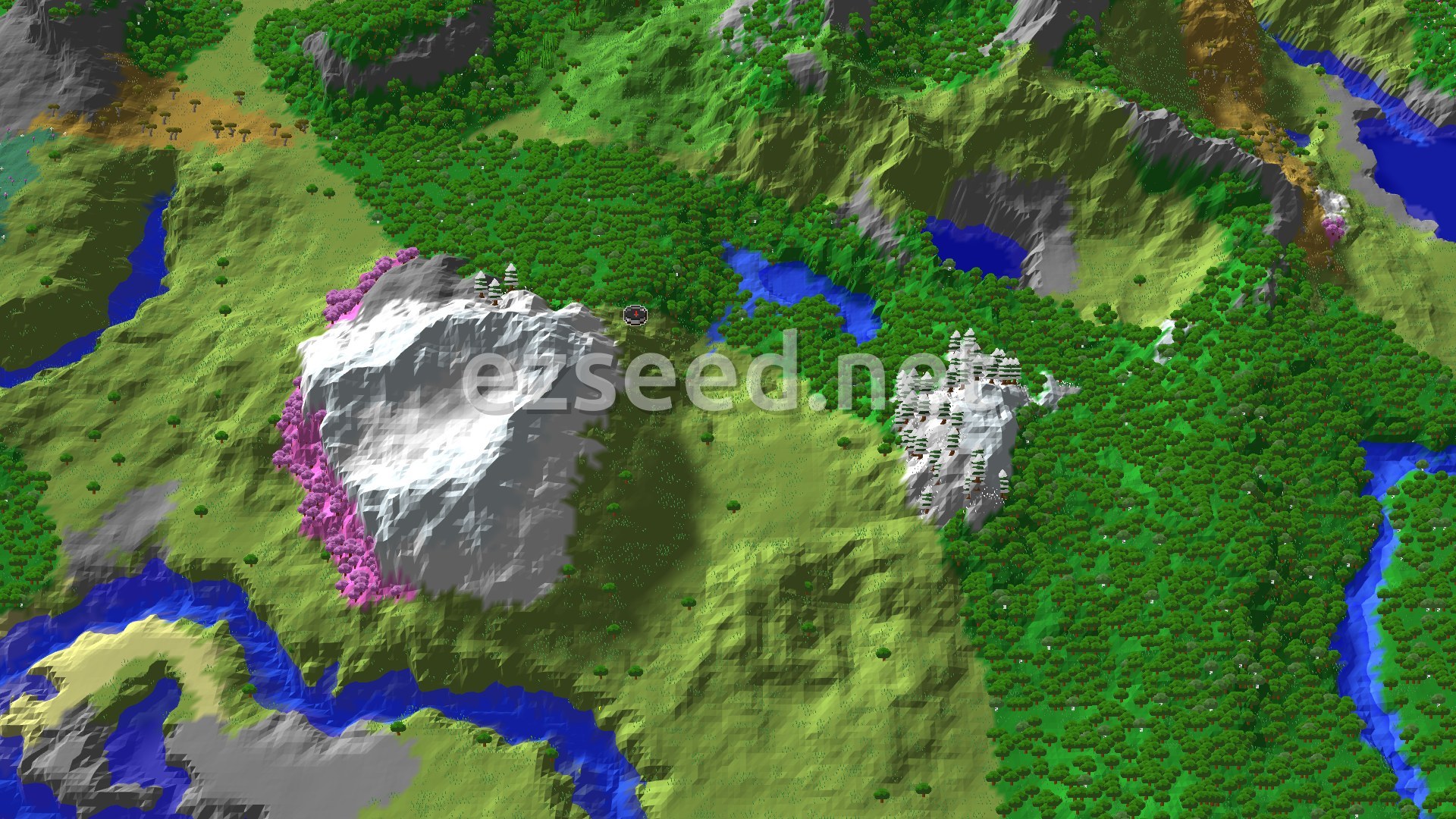 Aerial Minecraft seed map — Pillager Outpost and Ancient City Near Spawn