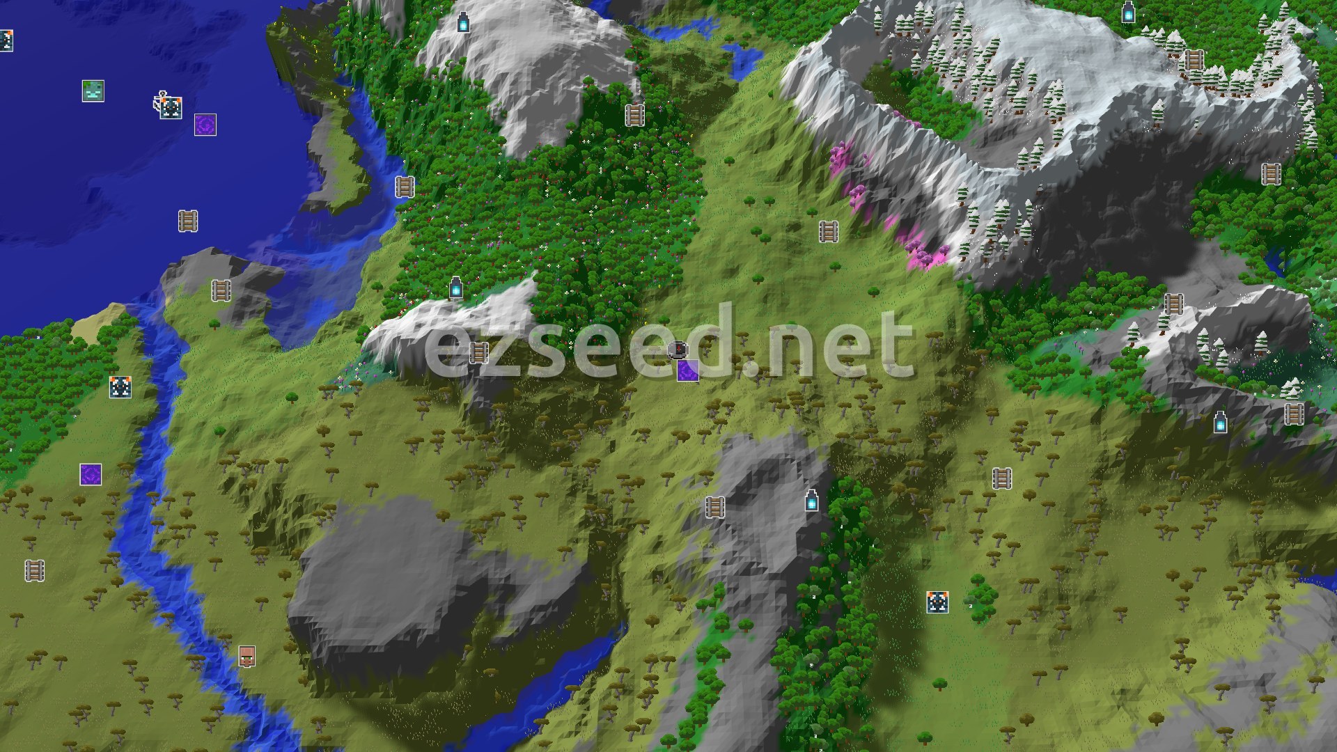 Aerial Minecraft seed map — Savanna Spawn with Close Ruined Portal and Peaks