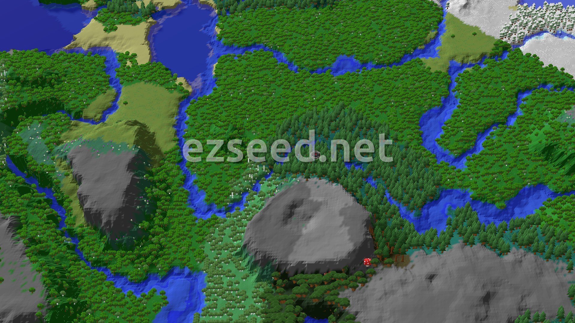 Aerial Minecraft seed map — Close Trails, Far Mountains: A Taiga Start Seed