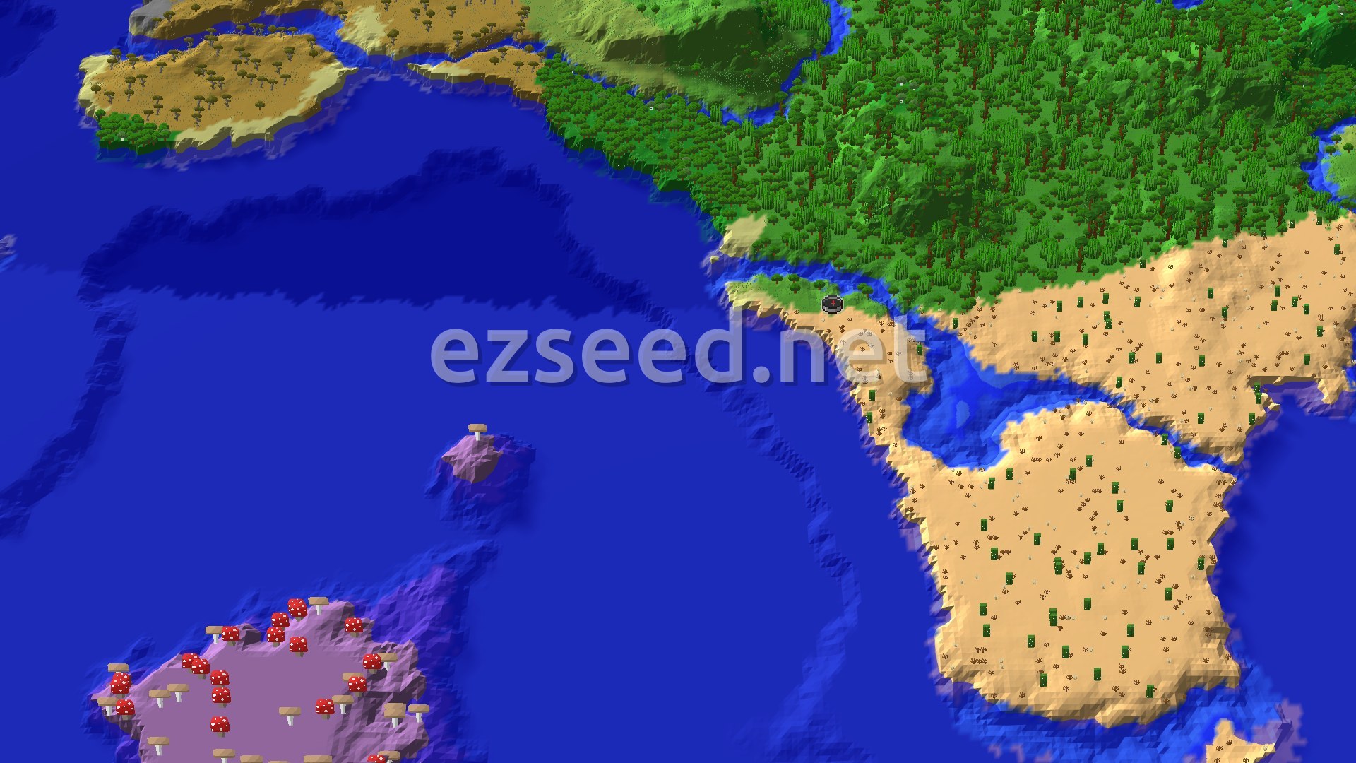 Aerial Minecraft seed map — Desert Start with Distant Mushroom Fields and Jungle