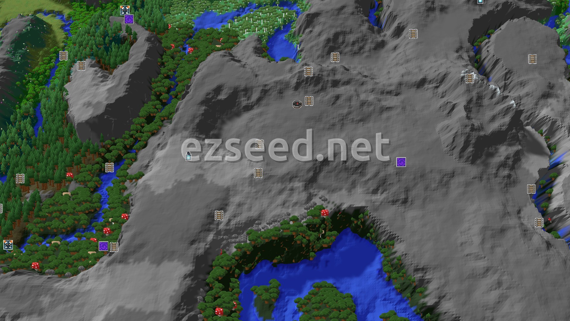 Aerial Minecraft seed map — A Pale Garden Start with Mountain Views and Rich Caves