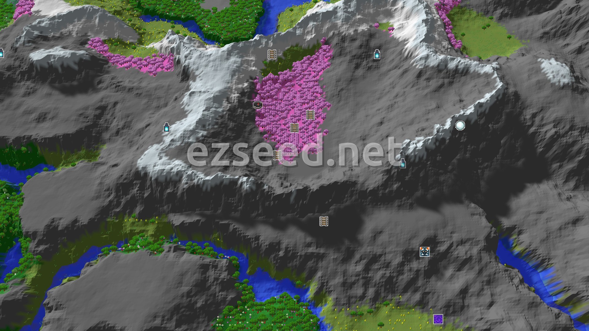 Aerial Minecraft seed map — Cherry Grove Spawn Beside Snowy Peaks