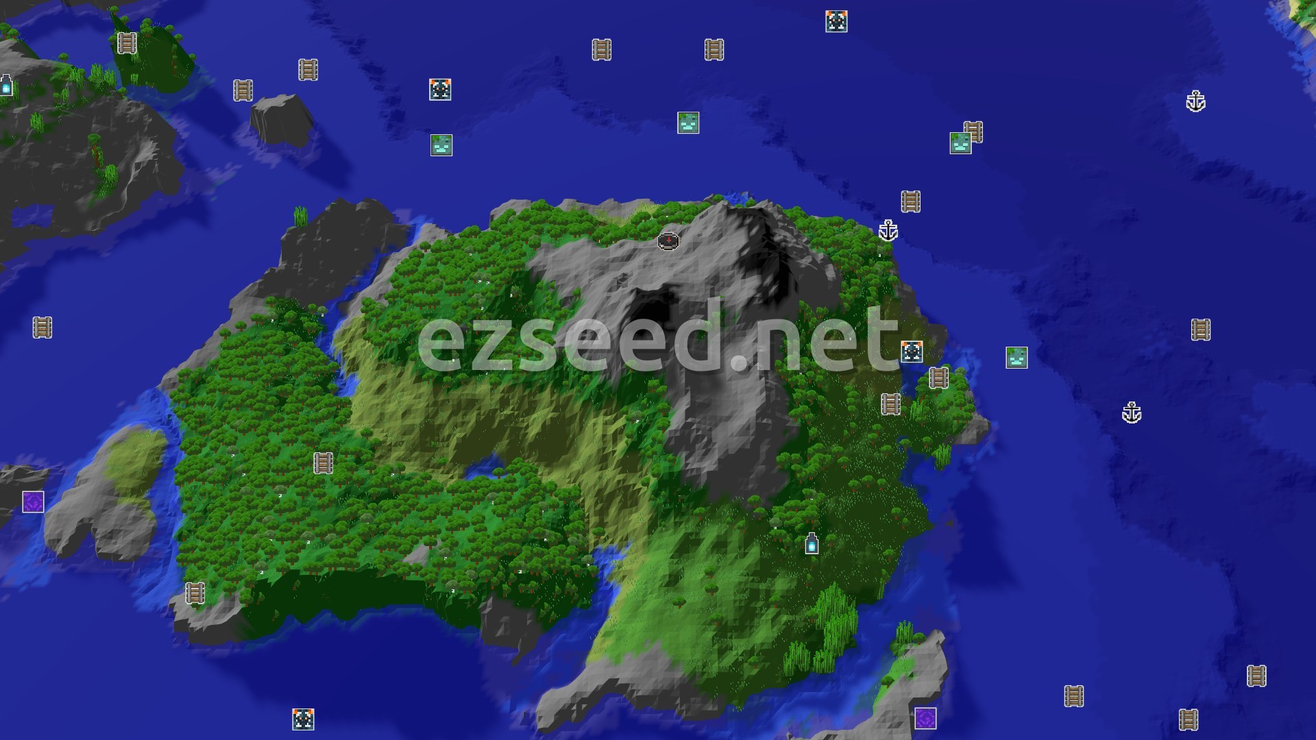 Aerial Minecraft seed map — Stony Peaks and Jungle Island Start