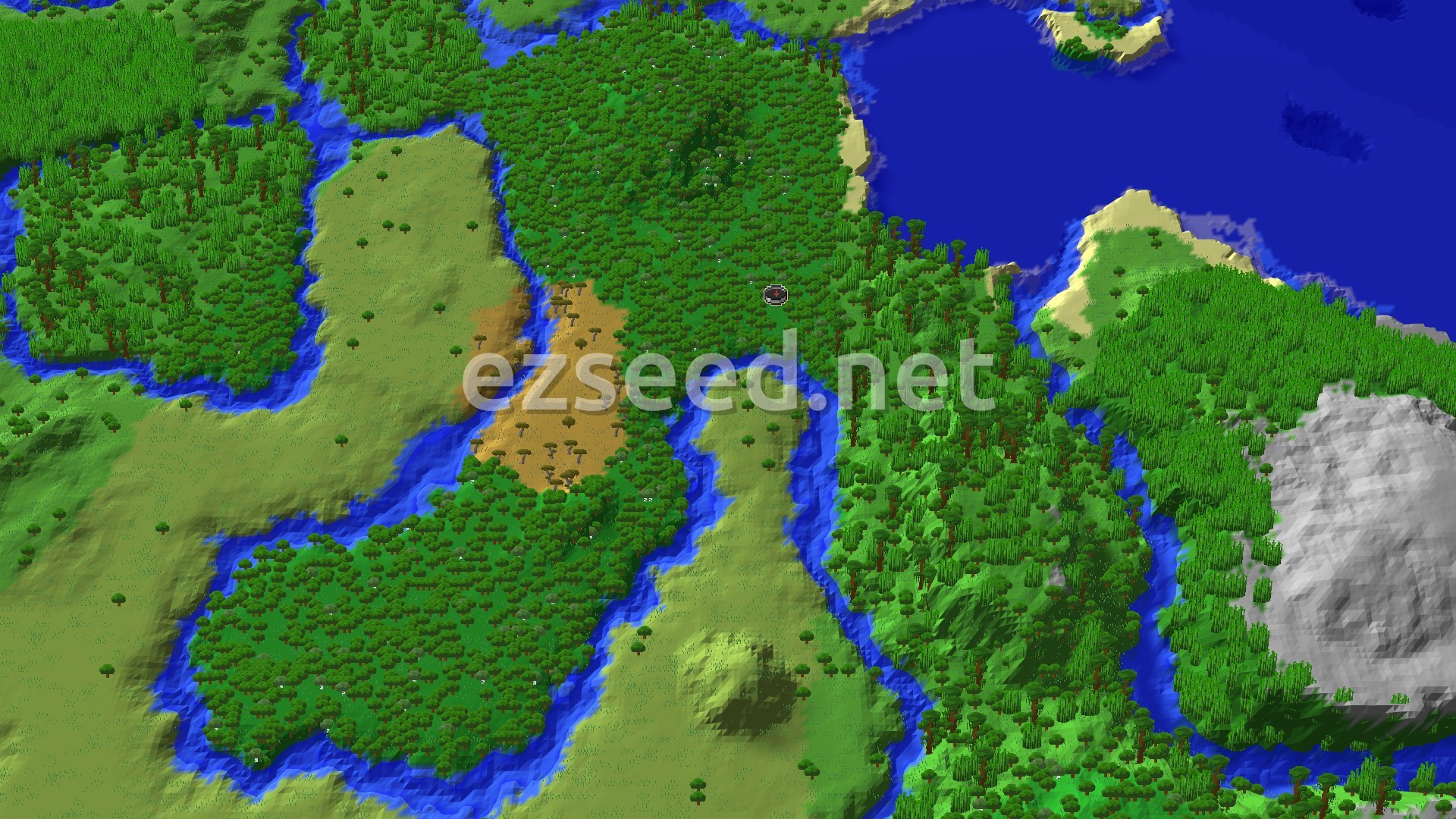Aerial Minecraft seed map — Spawn in a Forest, Near a Village and Jungle