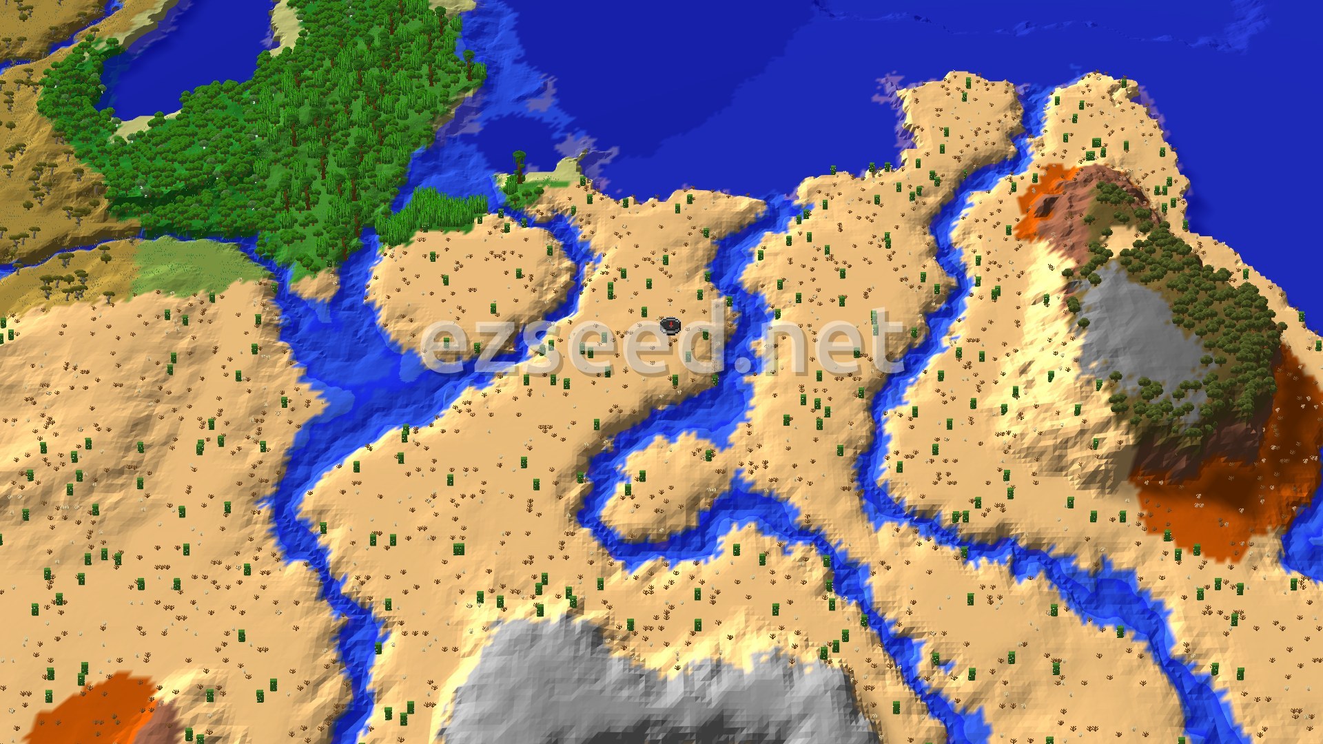 An aerial view of a desert landscape interspersed with winding rivers, a large jungle to the west, and a small badlands biome to the southeast. A spawn marker sits in the center.