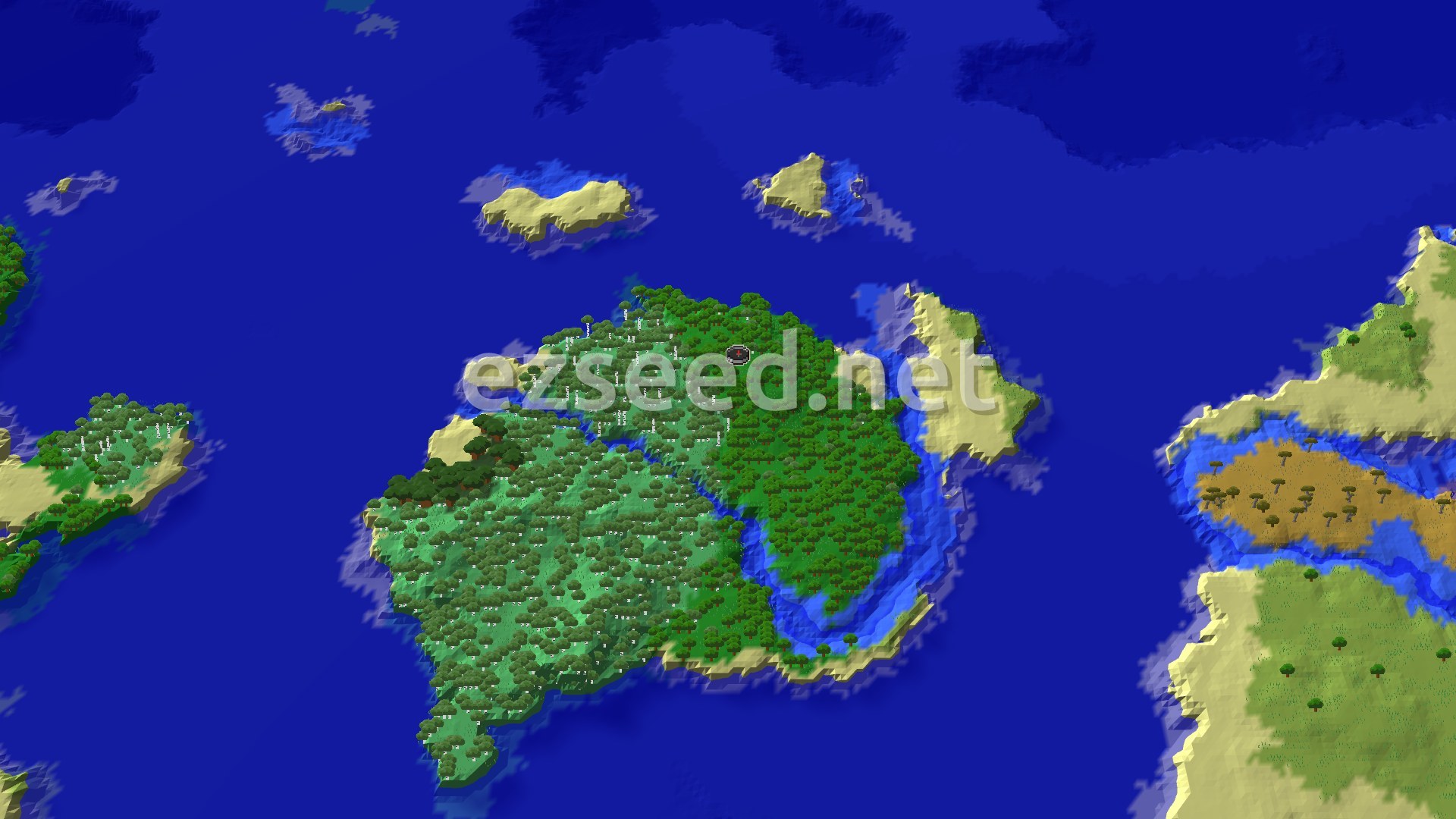 Aerial Minecraft seed map — Forest Island with Ruined Portal and Lush Caves