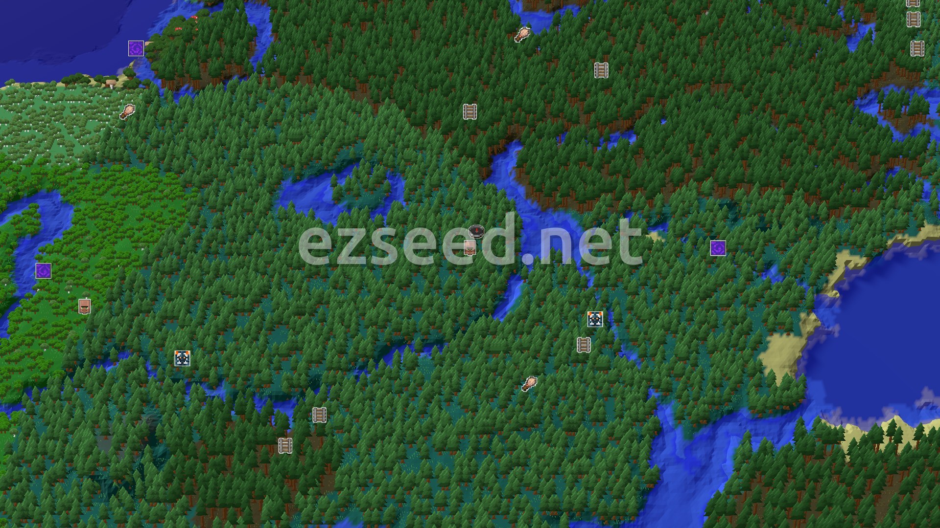 Aerial Minecraft seed map — Spawn Near a Village and Trial Chambers in a Forested World