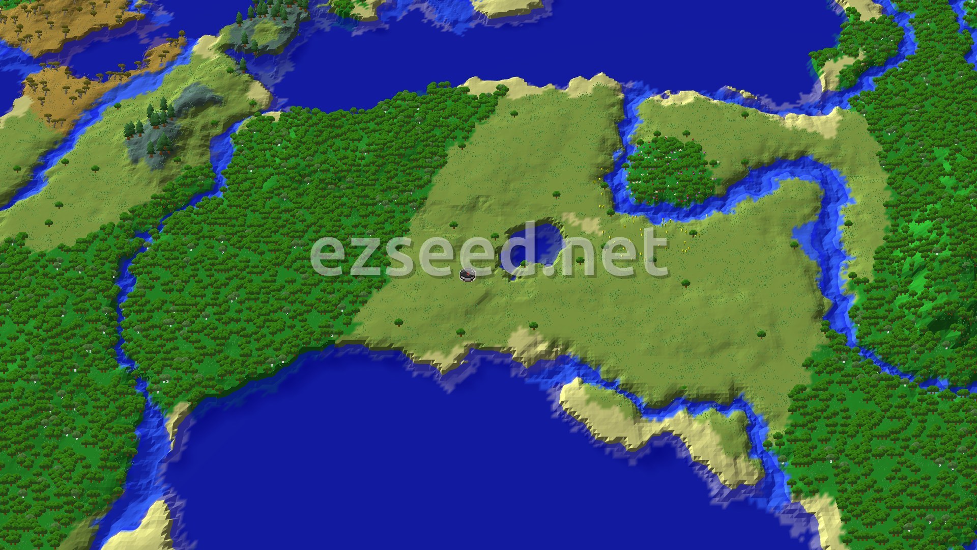 Aerial Minecraft seed map — Spawn Near Ocean, Forest, and Windswept Hills