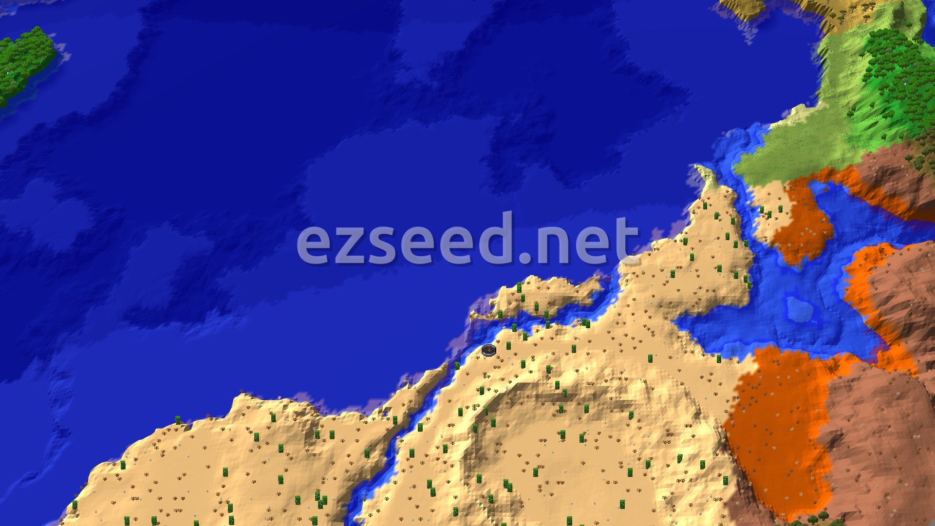 Aerial Minecraft seed map — Desert and Badlands with a Near Ancient City