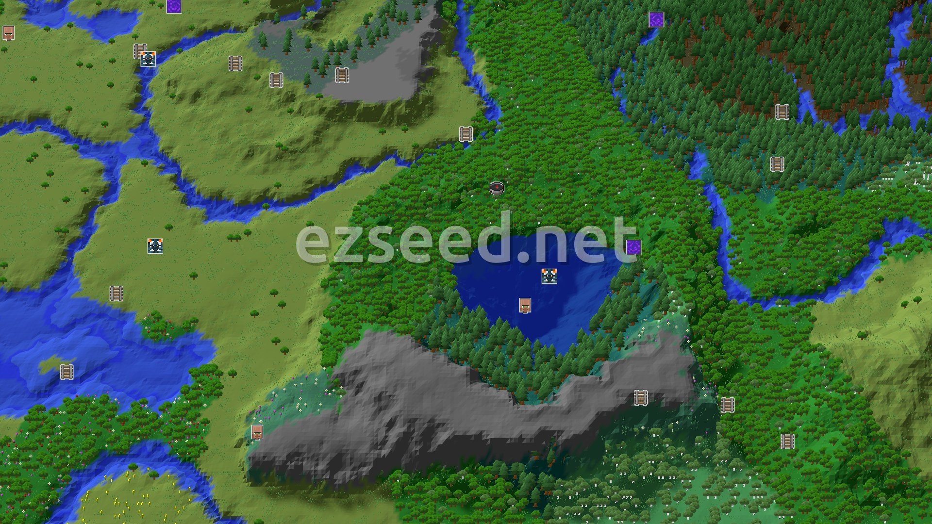Aerial Minecraft seed map — A Quiet Forest Start With Close Underground Treasures
