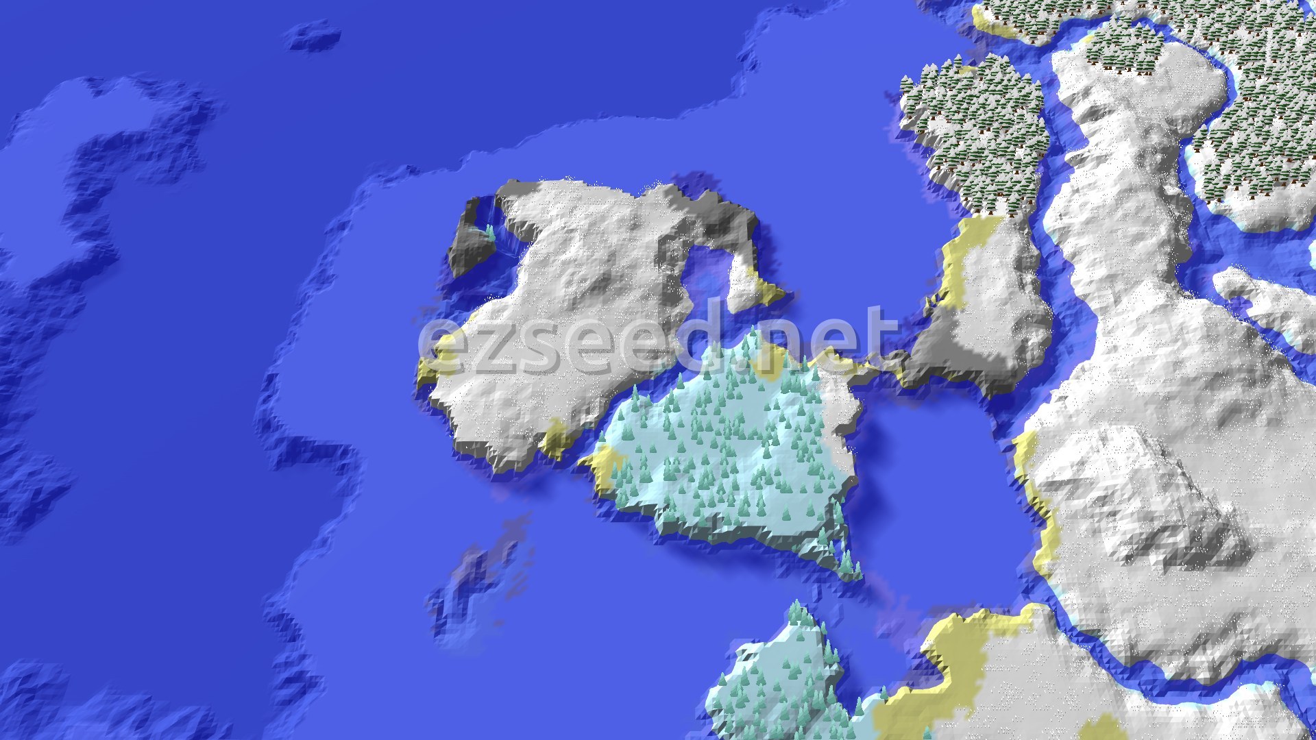 Aerial Minecraft seed map — Spawn in Snowy Plains With an Ancient City Nearby