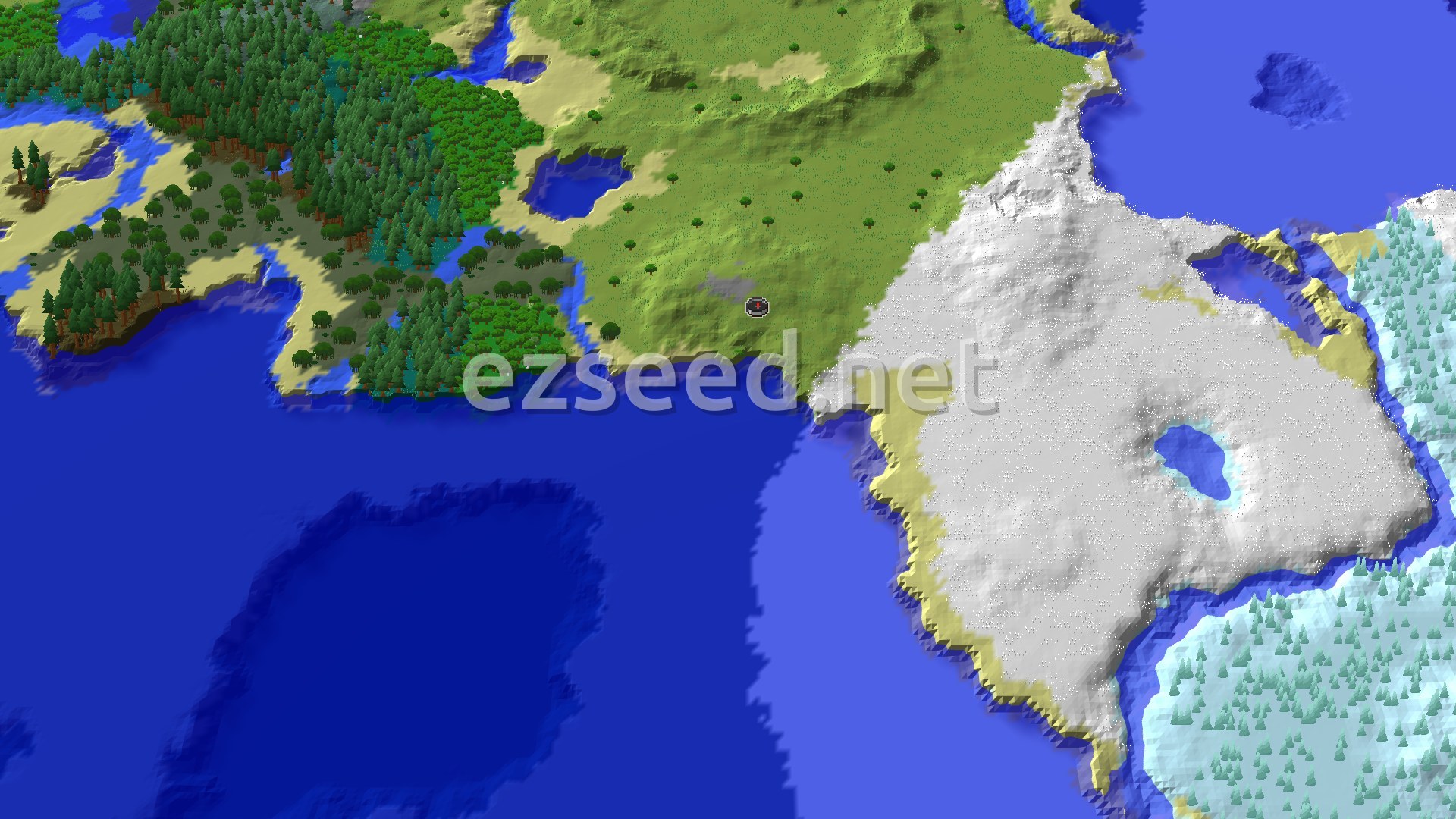 An aerial view of a Minecraft landscape, showing a large plains biome with scattered trees, a dense forest to the west, and a vast snowy, icy biome to the east, all bordered by blue oceans. A small spawn marker is visible in the plains.