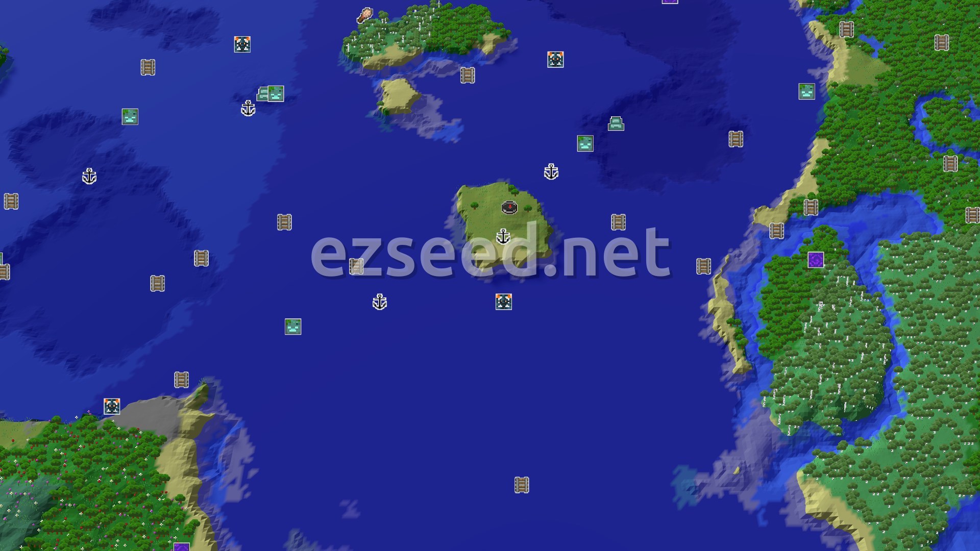 Aerial Minecraft seed map — Spawn Near a Shipwreck and Ocean, Good for Early Exploration