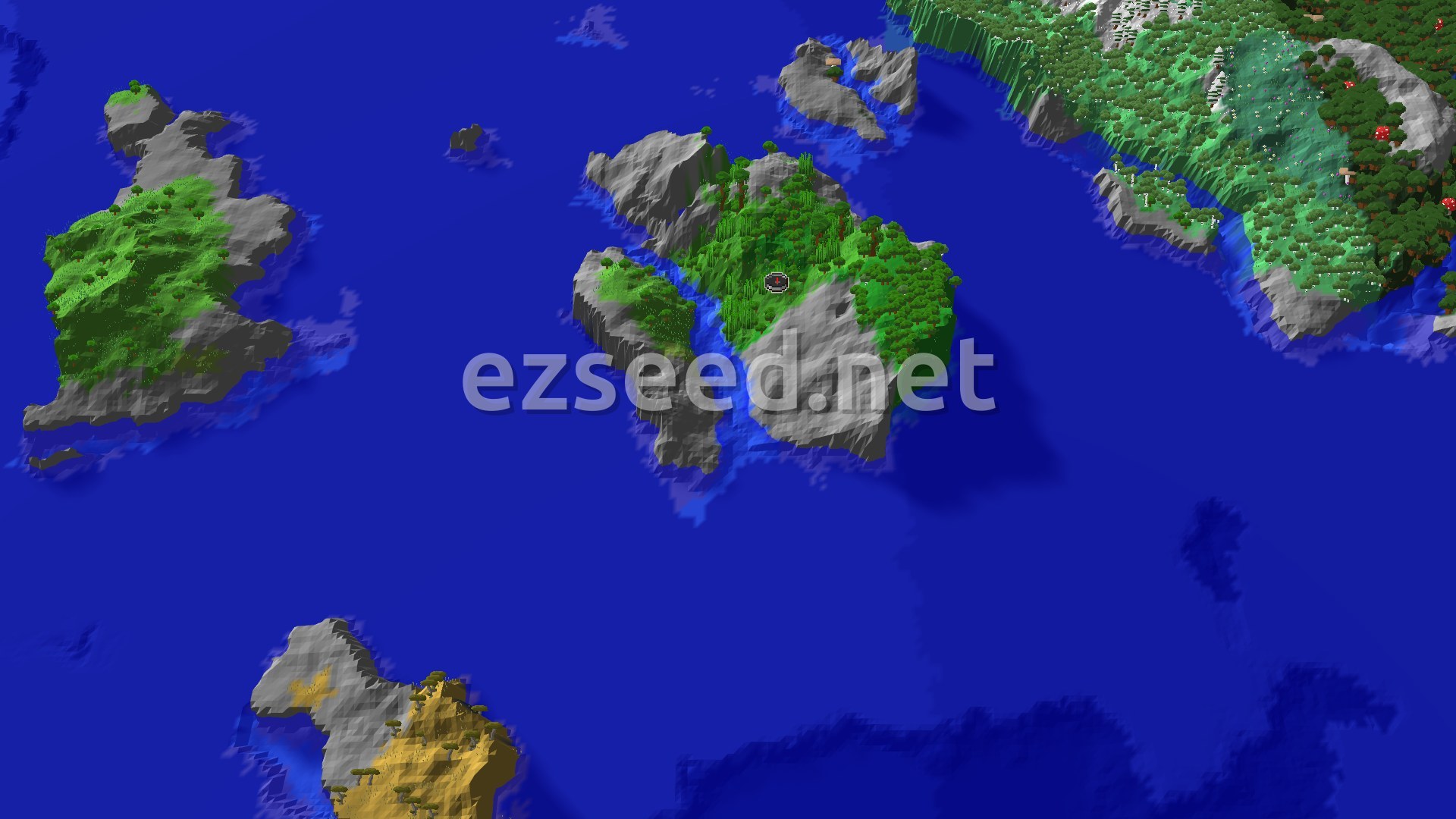 Aerial Minecraft seed map — Jungle Island Spawn with Nearby Coastal Mountains