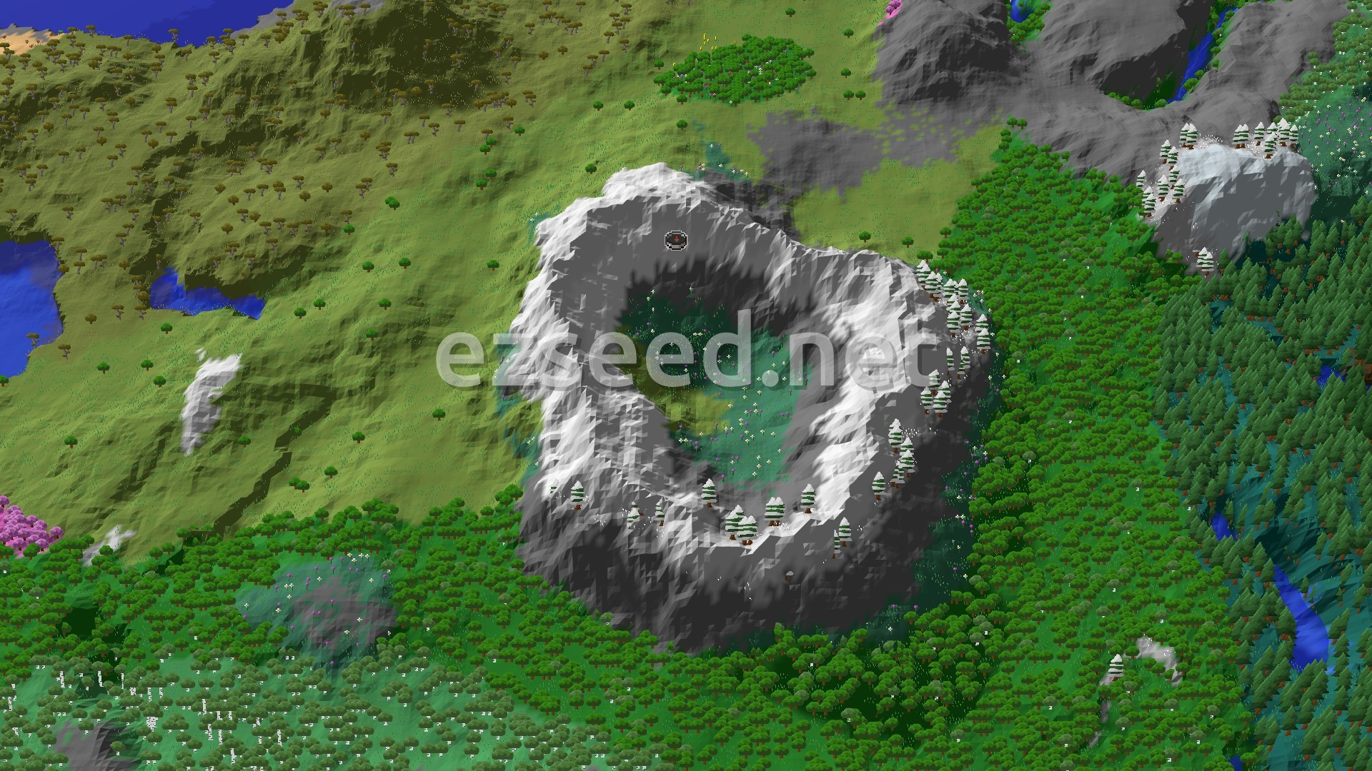 Aerial Minecraft seed map — Snowy Slopes Spawn with Nearby Village