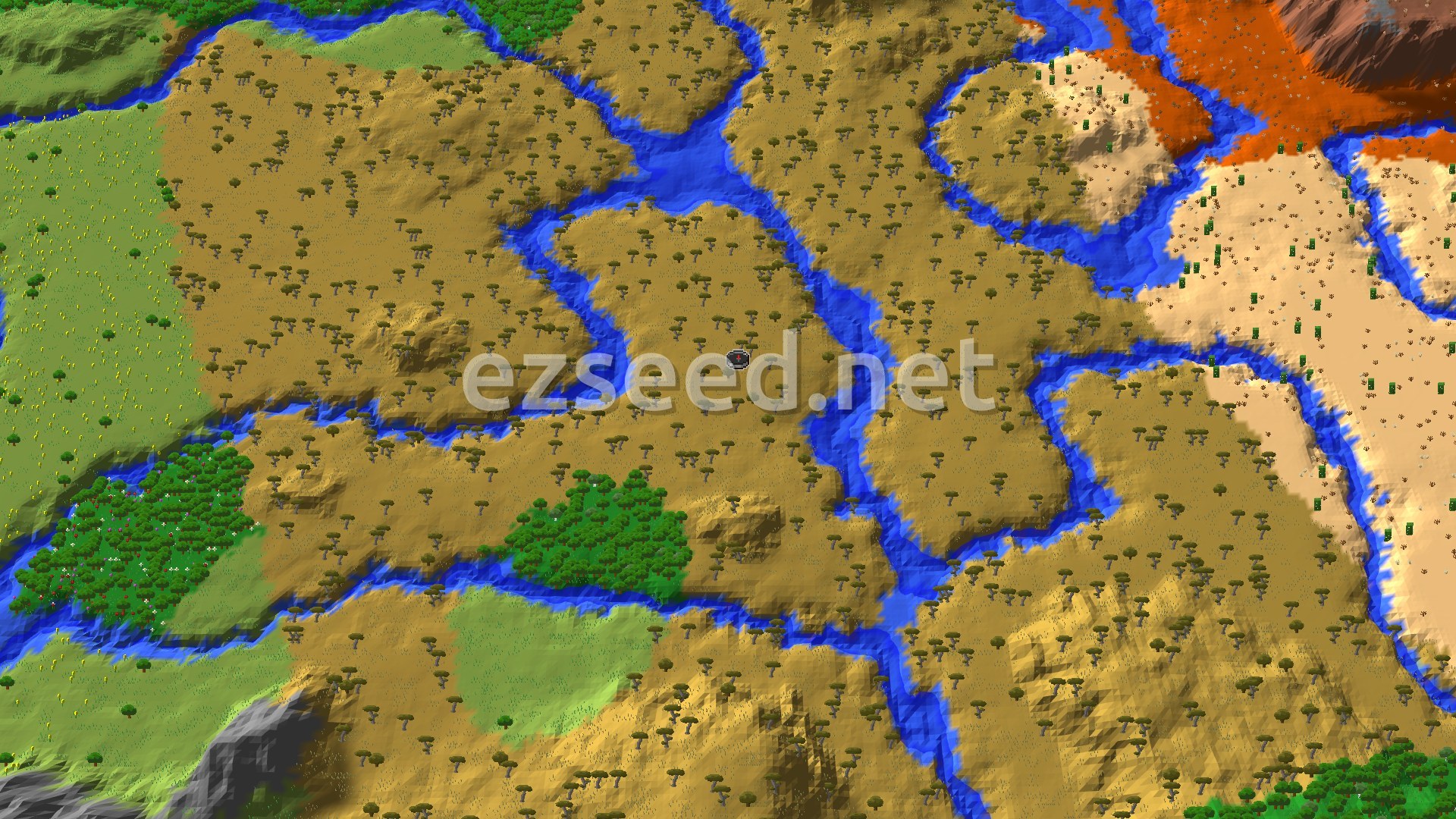 Aerial Minecraft seed map — Savanna Spawn with Distant Jungle and Ancient City