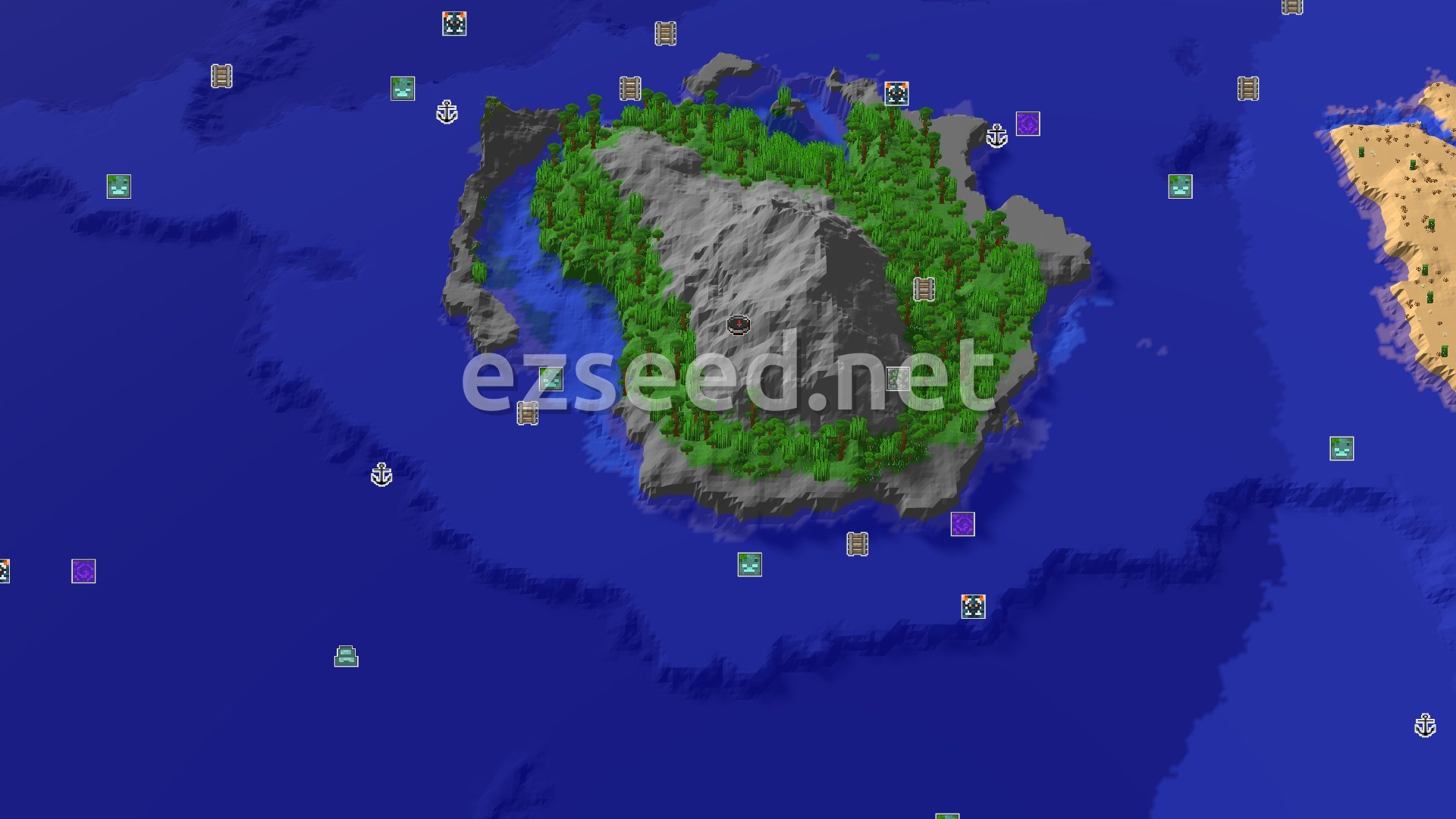 Aerial Minecraft seed map — Jungle Island Spawn with Nearby Temple and Peaks