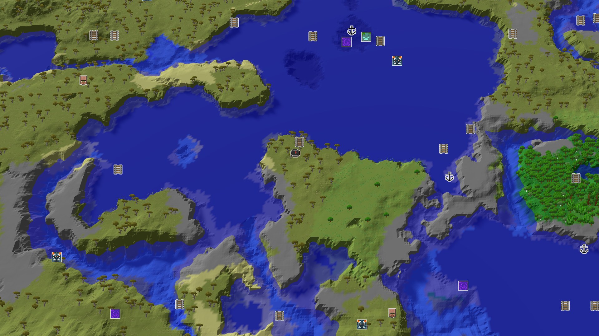 An aerial view of a large savanna island surrounded by ocean, with some patches of forest and stony shore visible.