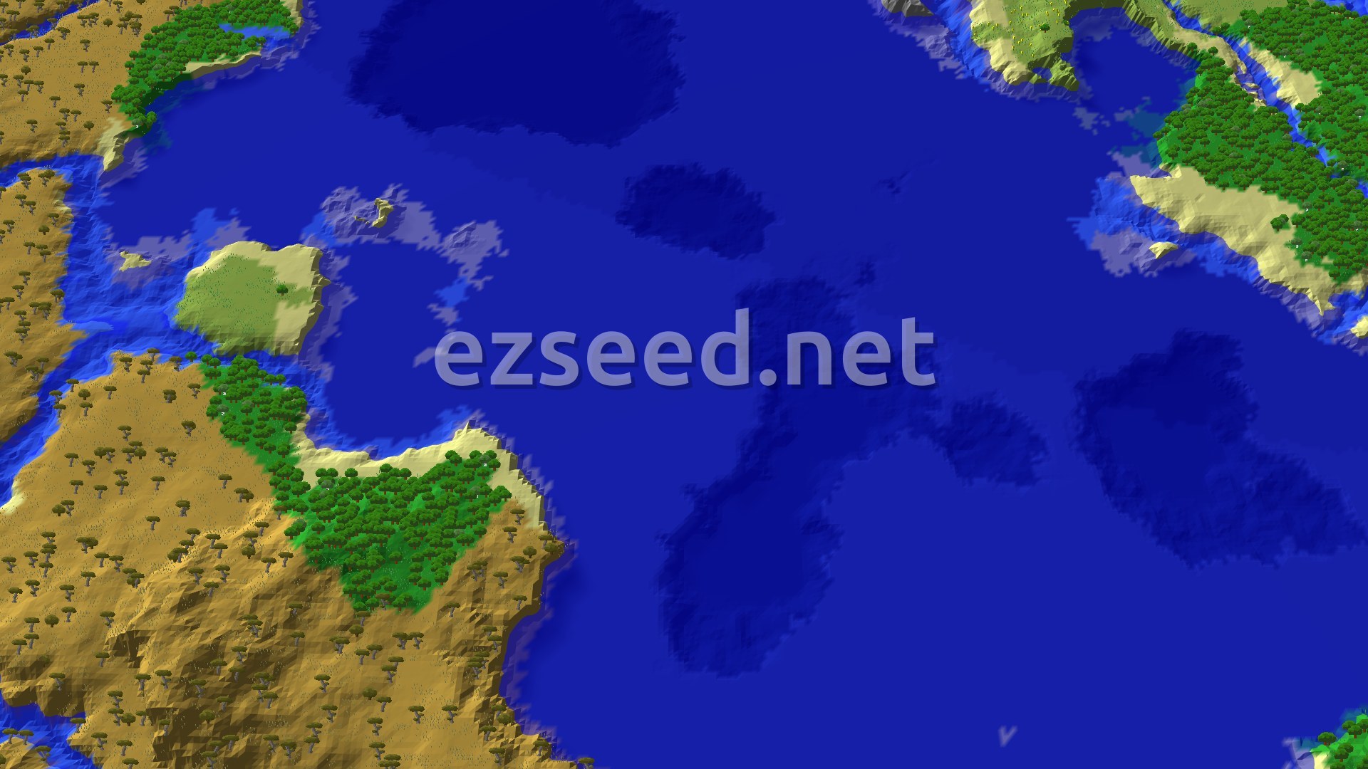 An aerial view showing a vast blue ocean surrounded by varied terrain including green forests, sandy beaches, and light brown savanna with scattered acacia trees.