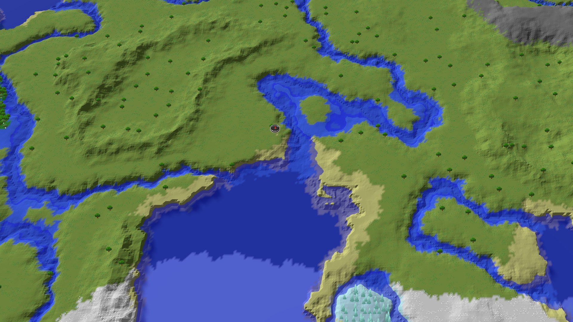 Aerial Minecraft seed map — Ice Spikes and a Village Near a Cold Ocean Spawn