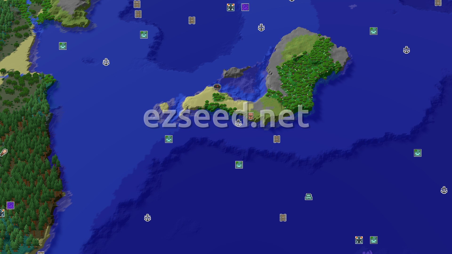 Aerial Minecraft seed map — Island Start with Coastal Village and Trial Chambers