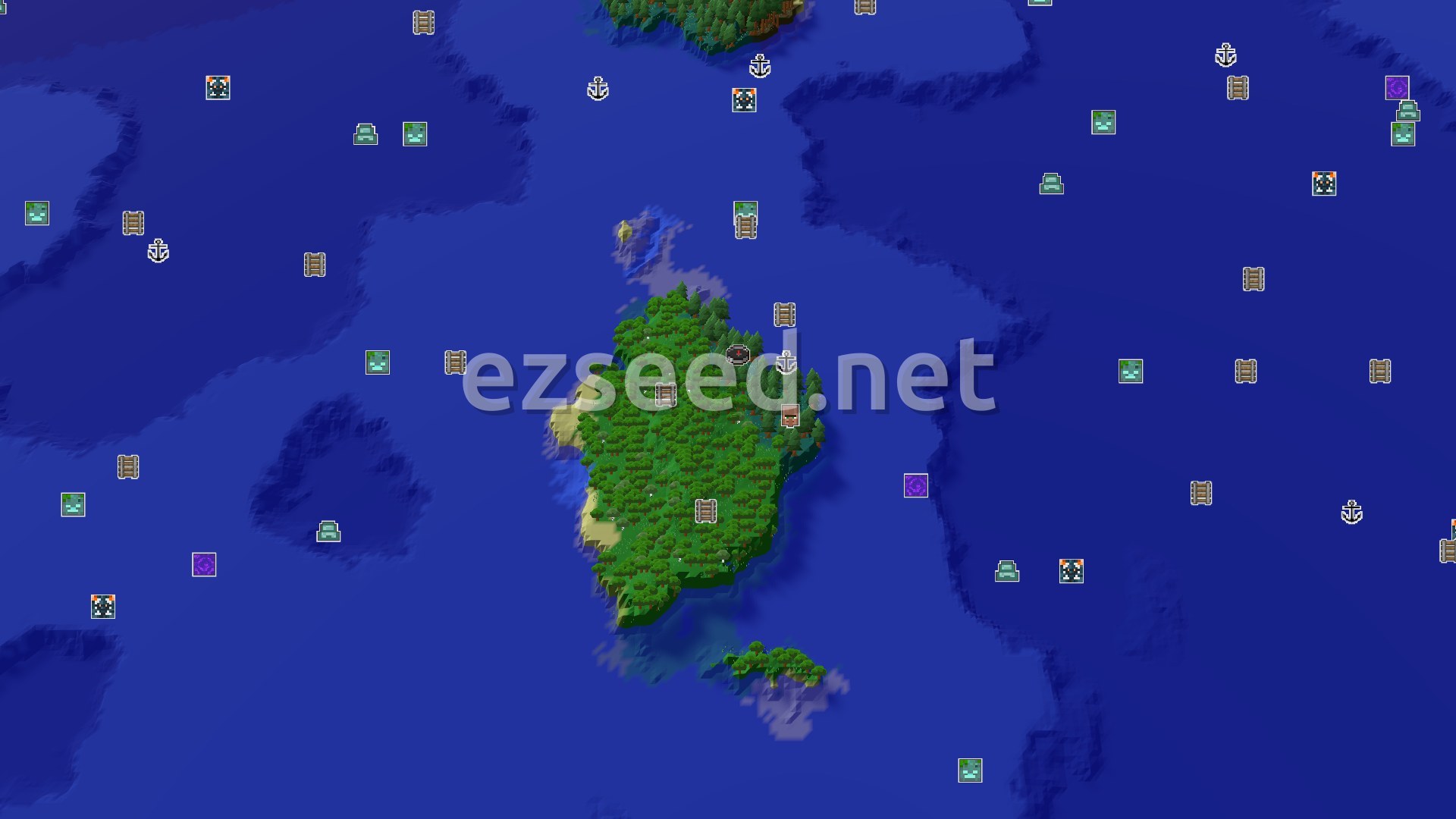 Aerial Minecraft seed map — An Island Taiga Spawn with Quick Village Access