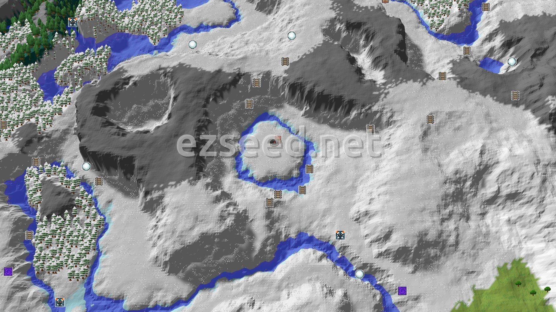 Aerial Minecraft seed map — A Snowy Start with a Village Just Steps Away