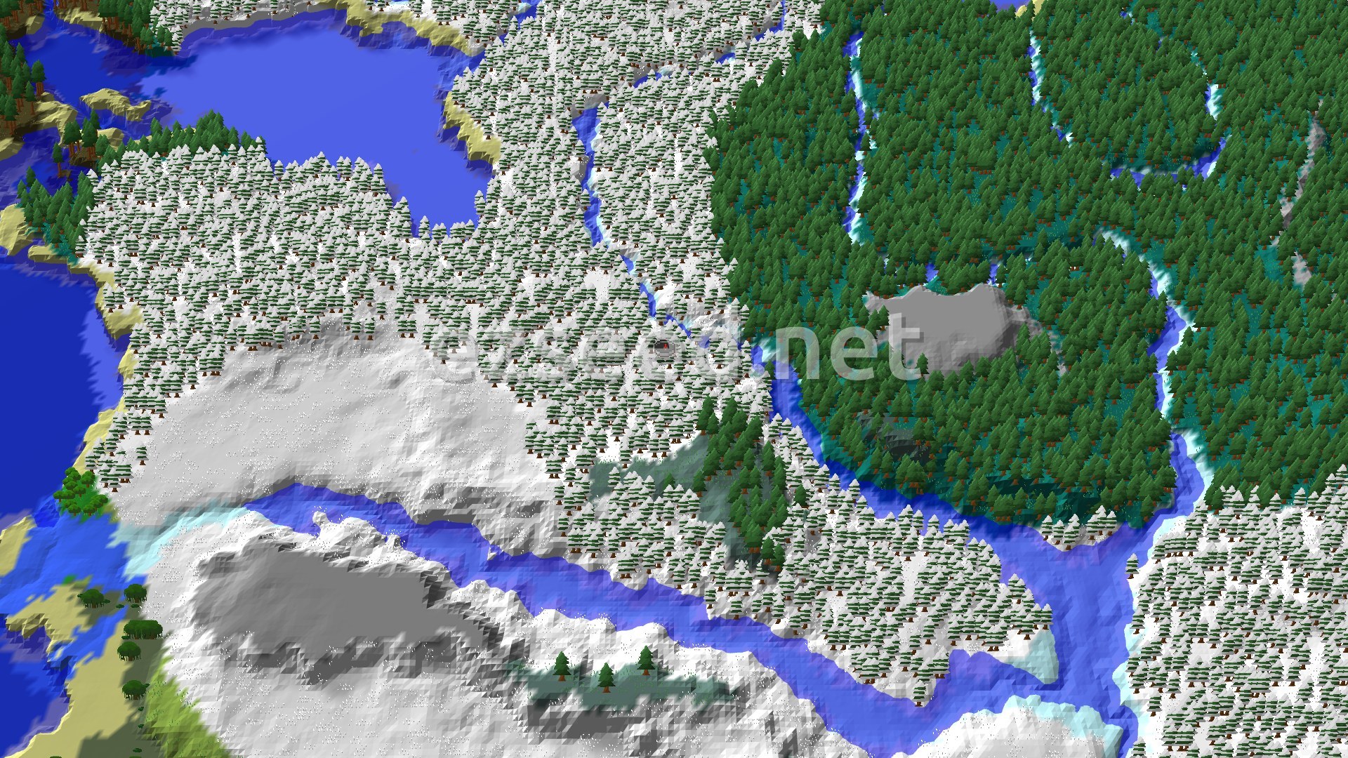 An aerial view of a snow-covered taiga landscape with a winding river and patches of dark green forest, surrounded by lighter green and blue ocean.