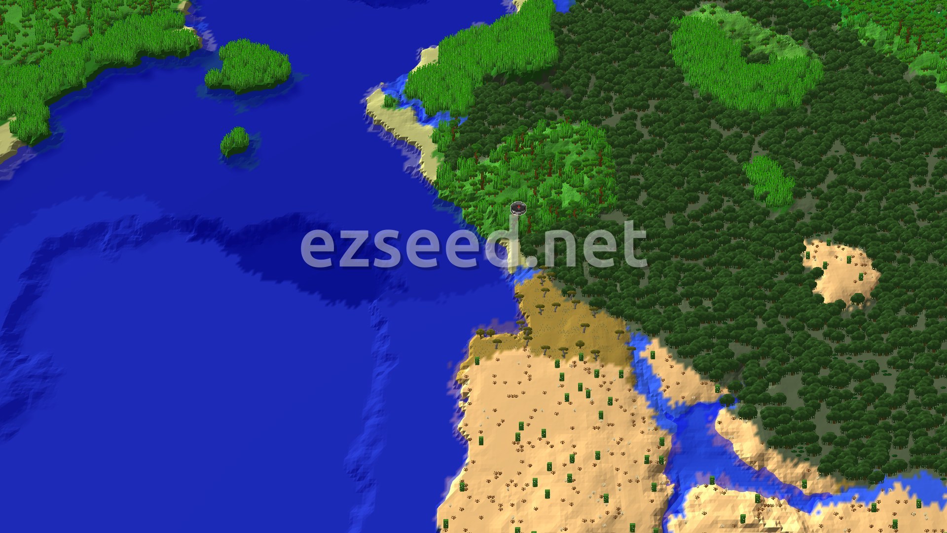 An aerial view shows a dense jungle covering much of the land, bordered by beaches and a large ocean. A small marker indicates the spawn point within the jungle.