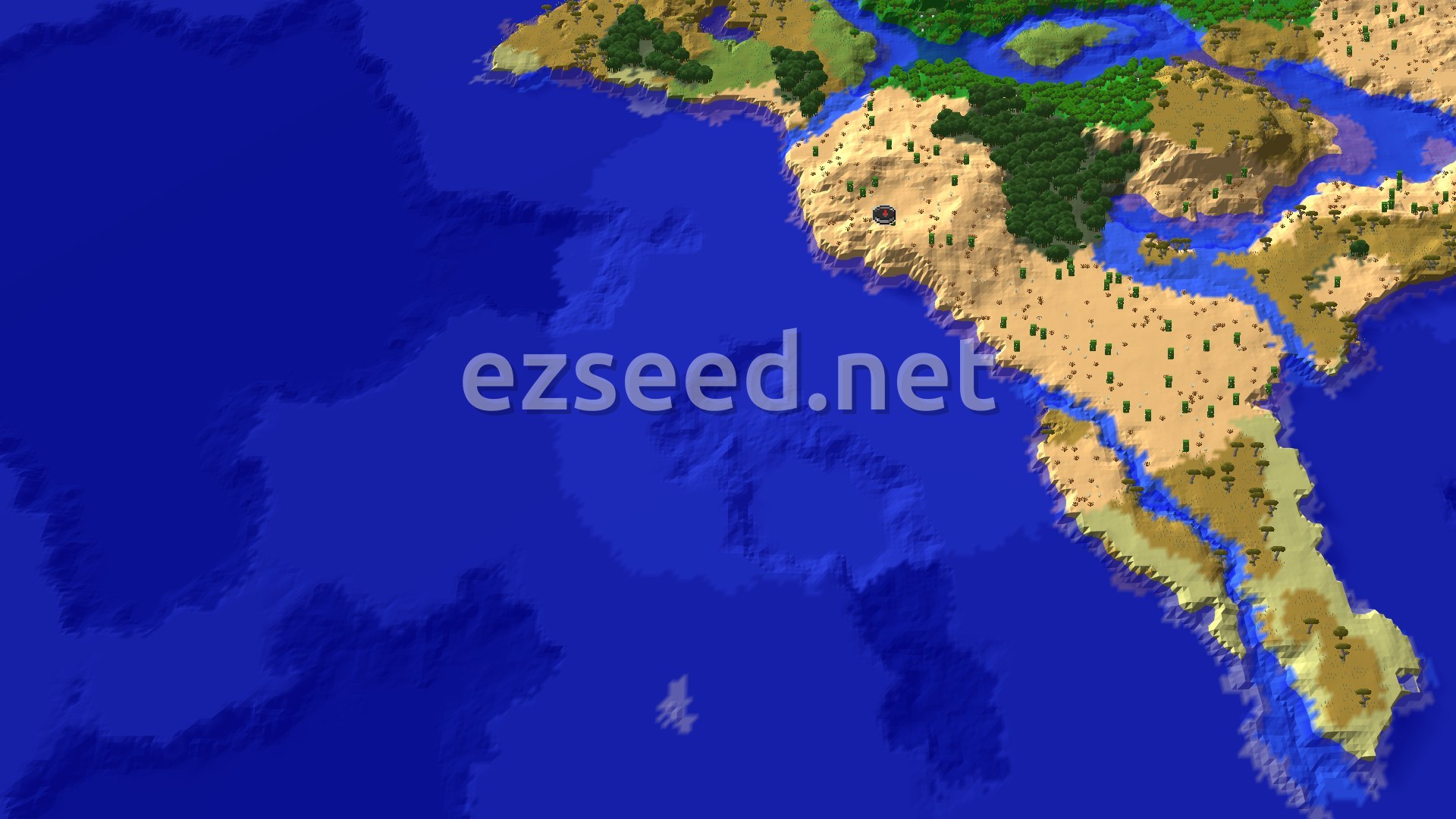 Aerial Minecraft seed map — Desert Spawn with Nearby Mangrove Swamp and Pyramid