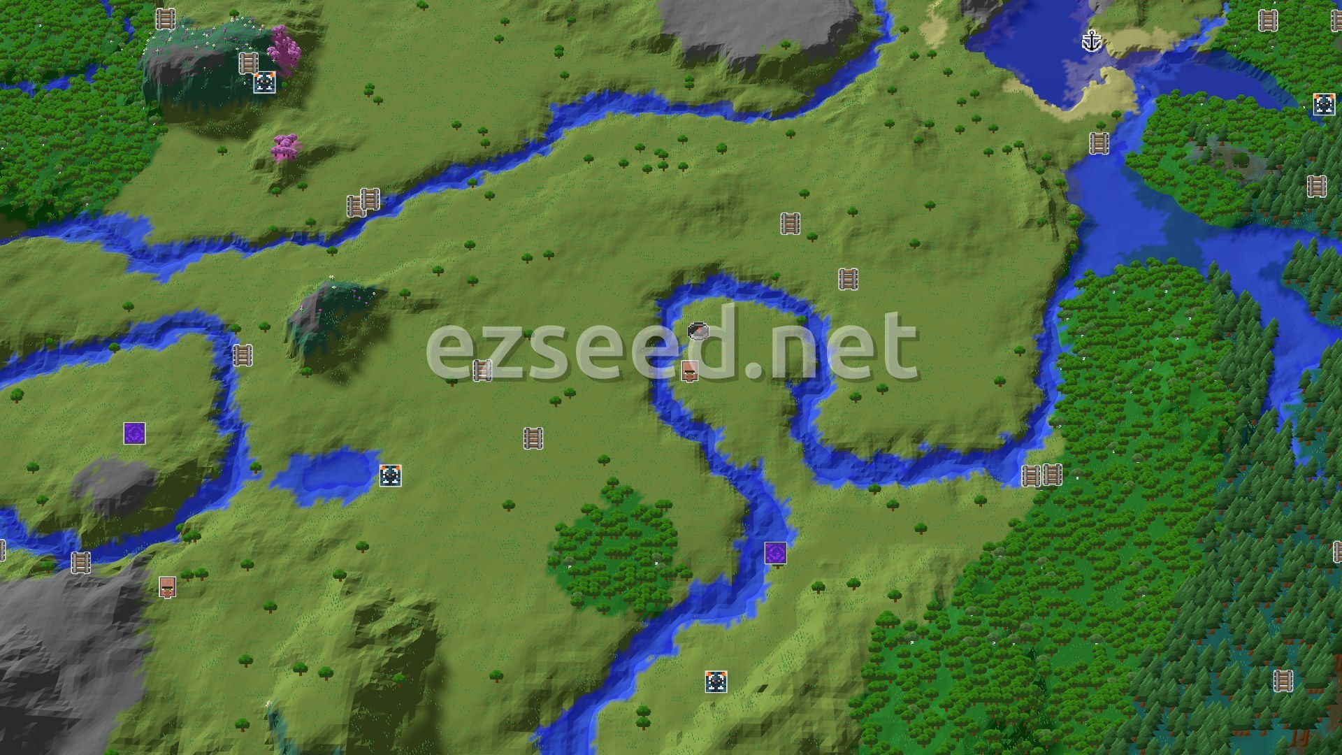 Aerial Minecraft seed map — Spawn in Plains, Village Nearby, Cherry Grove Further