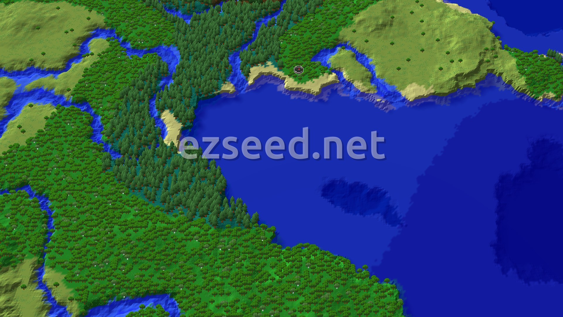 Aerial Minecraft seed map — Trial Chambers and Trail Ruins near a Forest Spawn